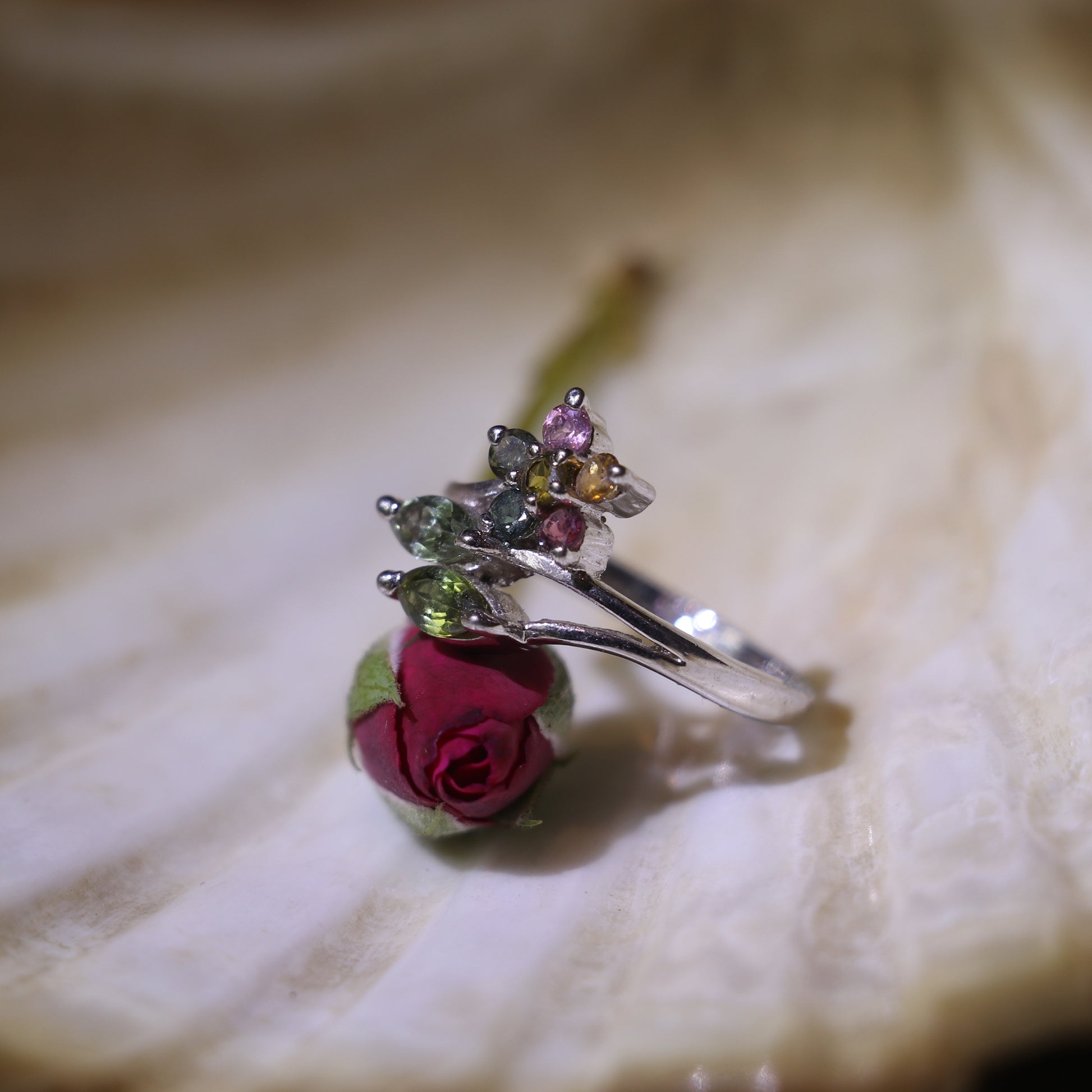 SILVER RING WITH MULTICOLOURED GEMSTONES