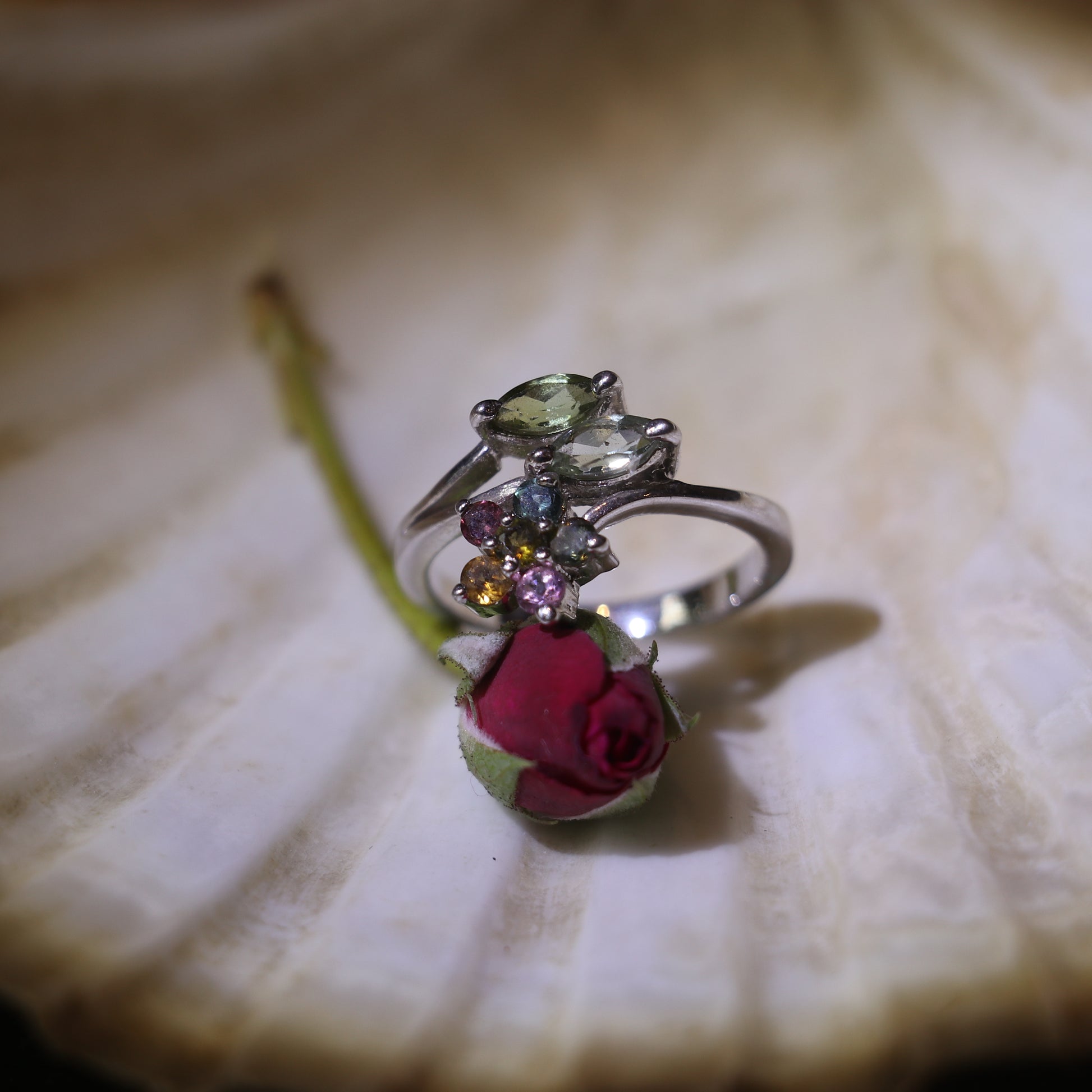 SILVER RING WITH MULTICOLOURED GEMSTONES