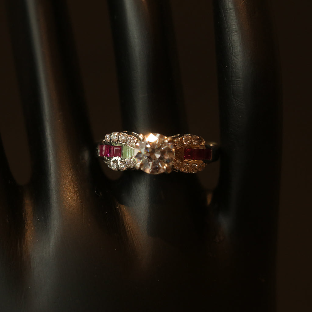 SILVER RING WITH CENTRAL ZIRCON , LAB GROWN RUBY INLAYS