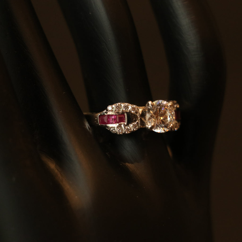 SILVER RING WITH CENTRAL ZIRCON , LAB GROWN RUBY INLAYS