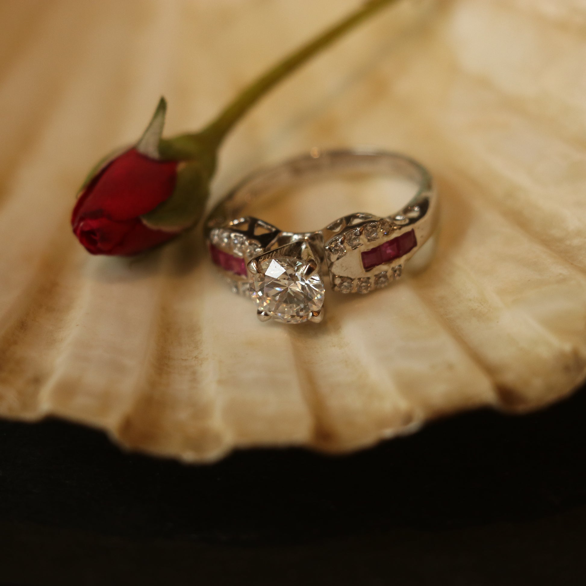 SILVER RING WITH CENTRAL ZIRCON , LAB GROWN RUBY INLAYS