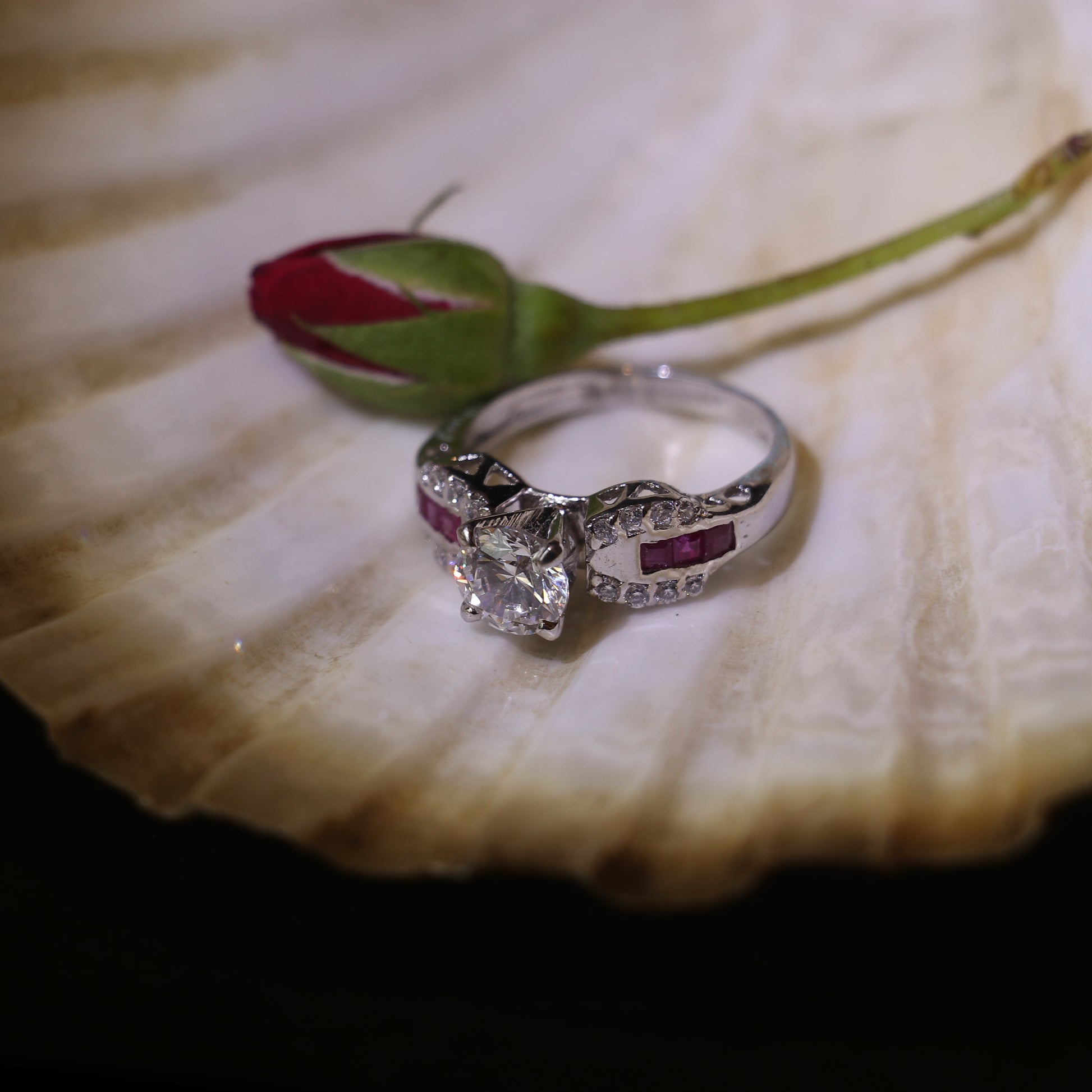 SILVER RING WITH CENTRAL ZIRCON , LAB GROWN RUBY INLAYS