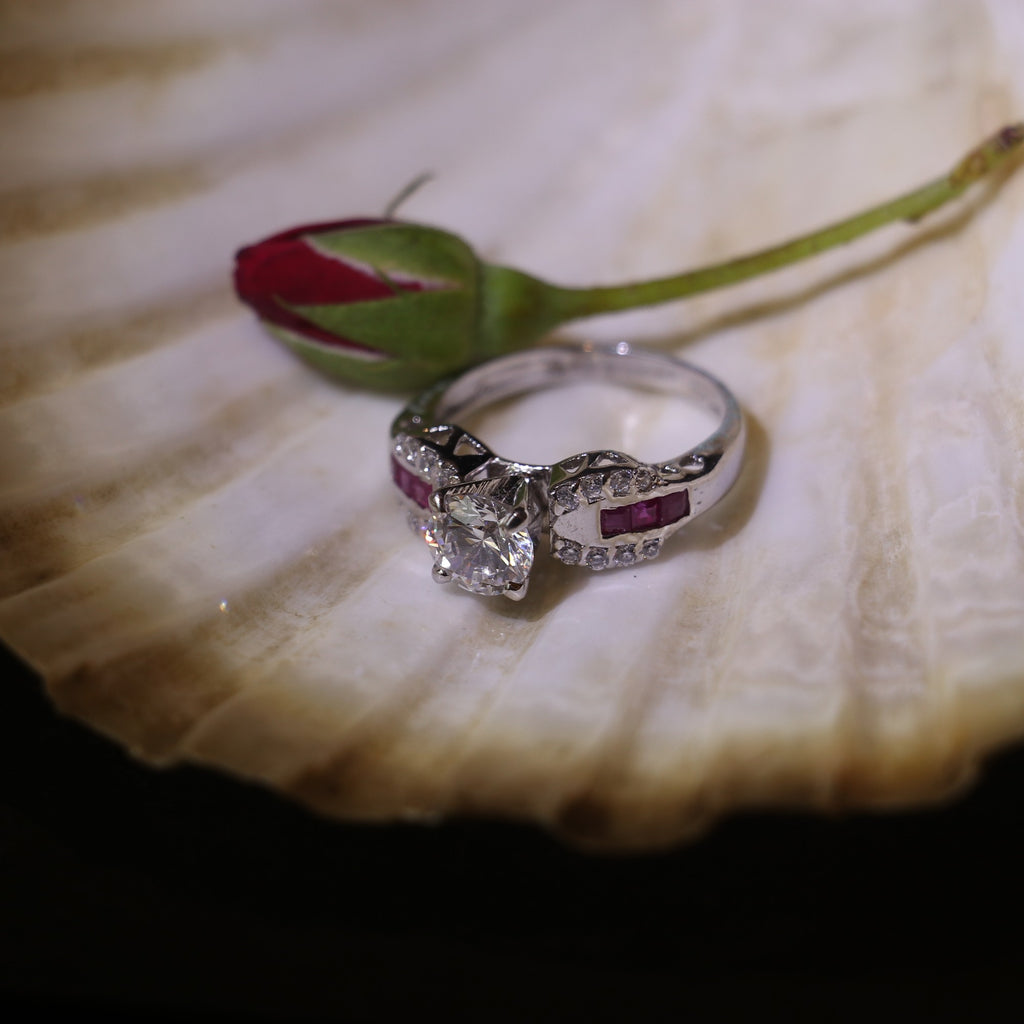 SILVER RING WITH CENTRAL ZIRCON , LAB GROWN RUBY INLAYS