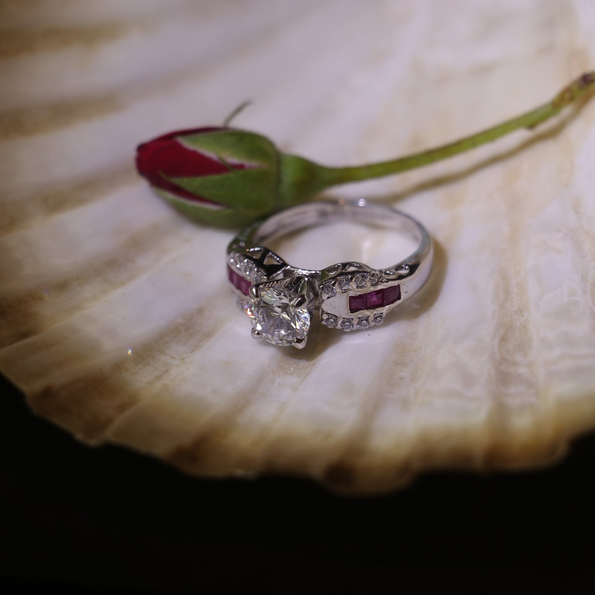 SILVER RING WITH CENTRAL ZIRCON , LAB GROWN RUBY INLAYS