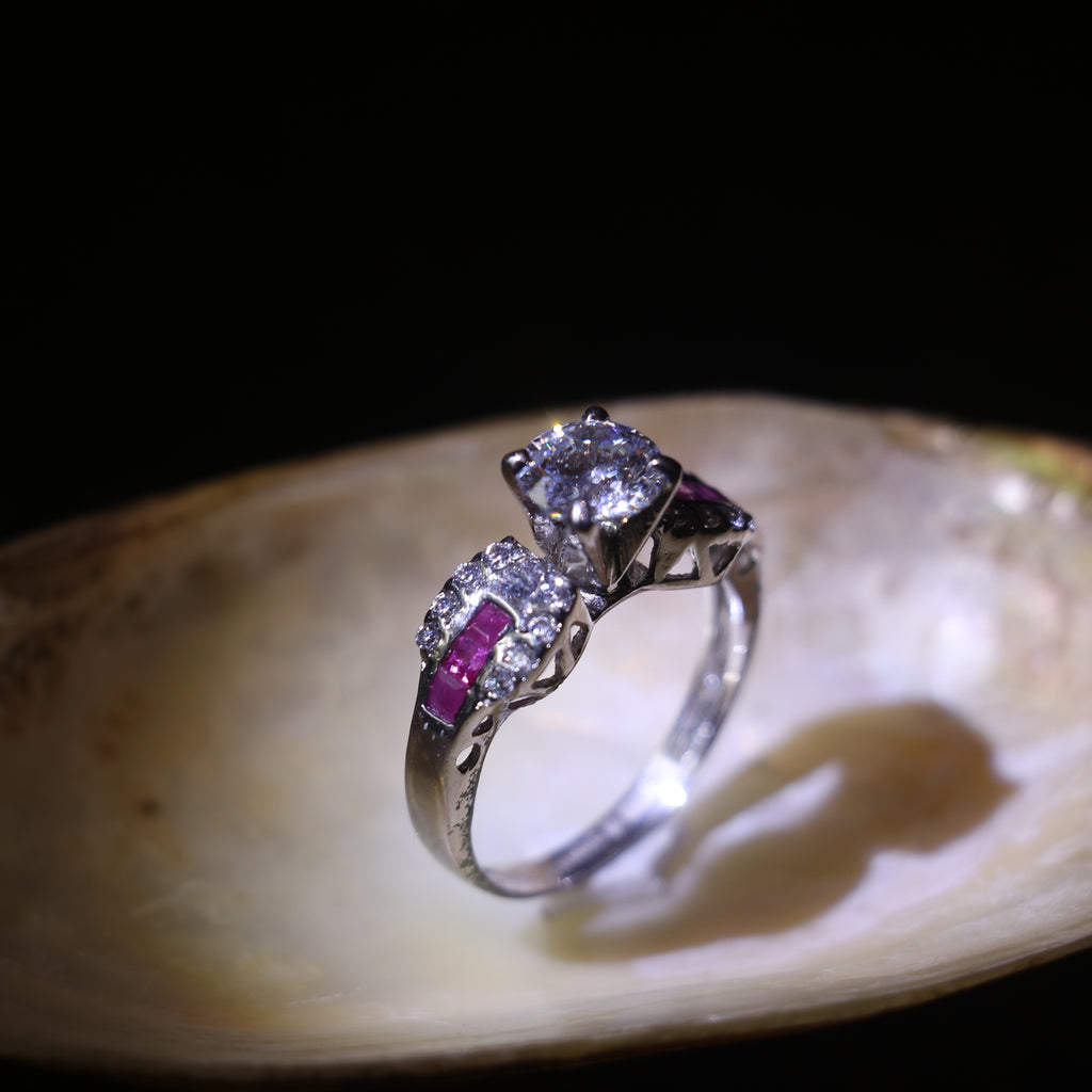 SILVER RING WITH CENTRAL ZIRCON , LAB GROWN RUBY INLAYS