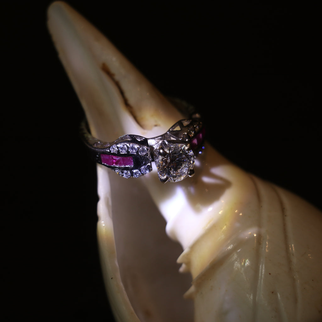 SILVER RING WITH CENTRAL ZIRCON , LAB GROWN RUBY INLAYS