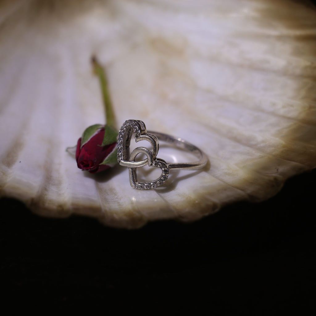 SILVER RING WITH DOUBLE HEART DESIGN AND SMALL ZIRCONS