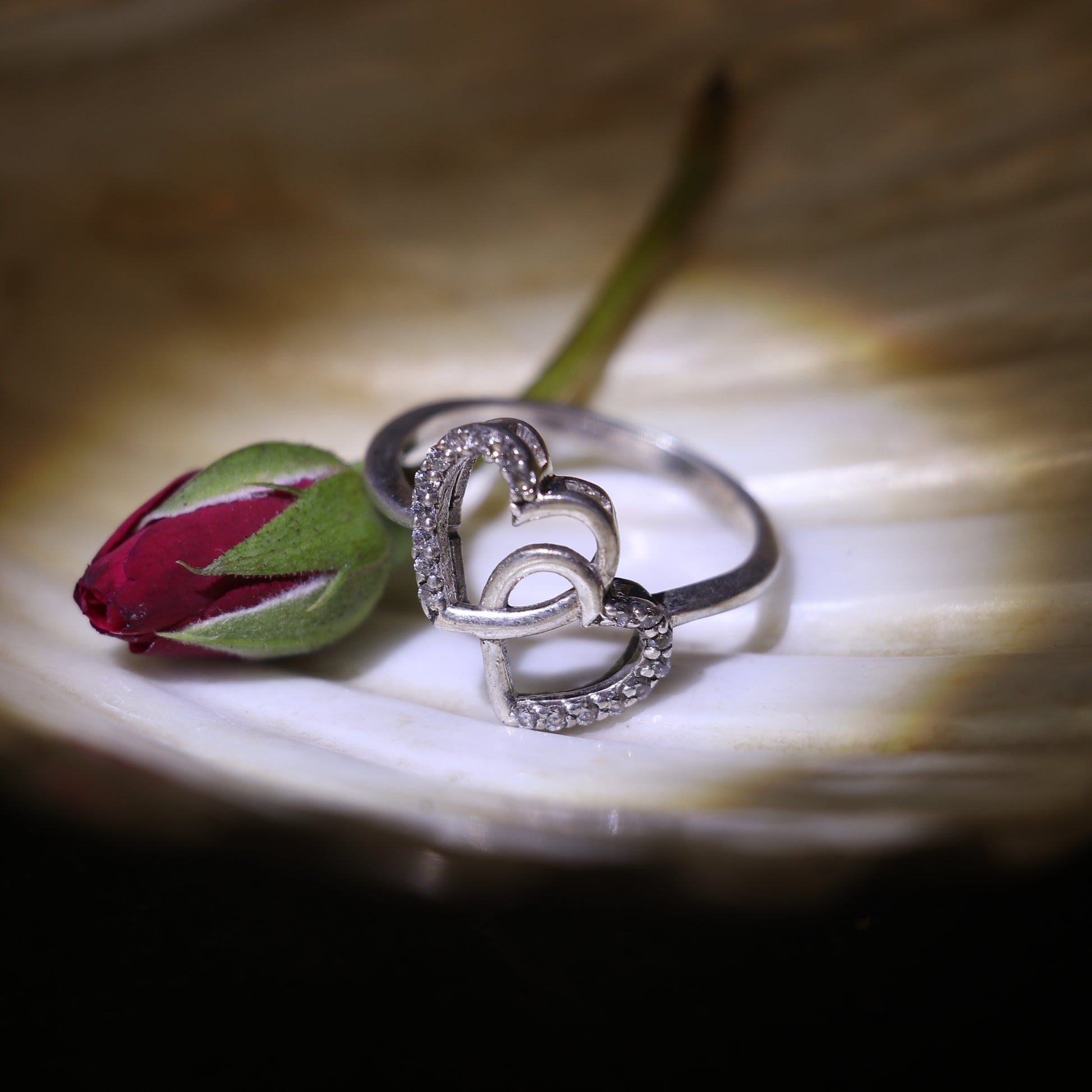 SILVER RING WITH DOUBLE HEART DESIGN AND SMALL ZIRCONS