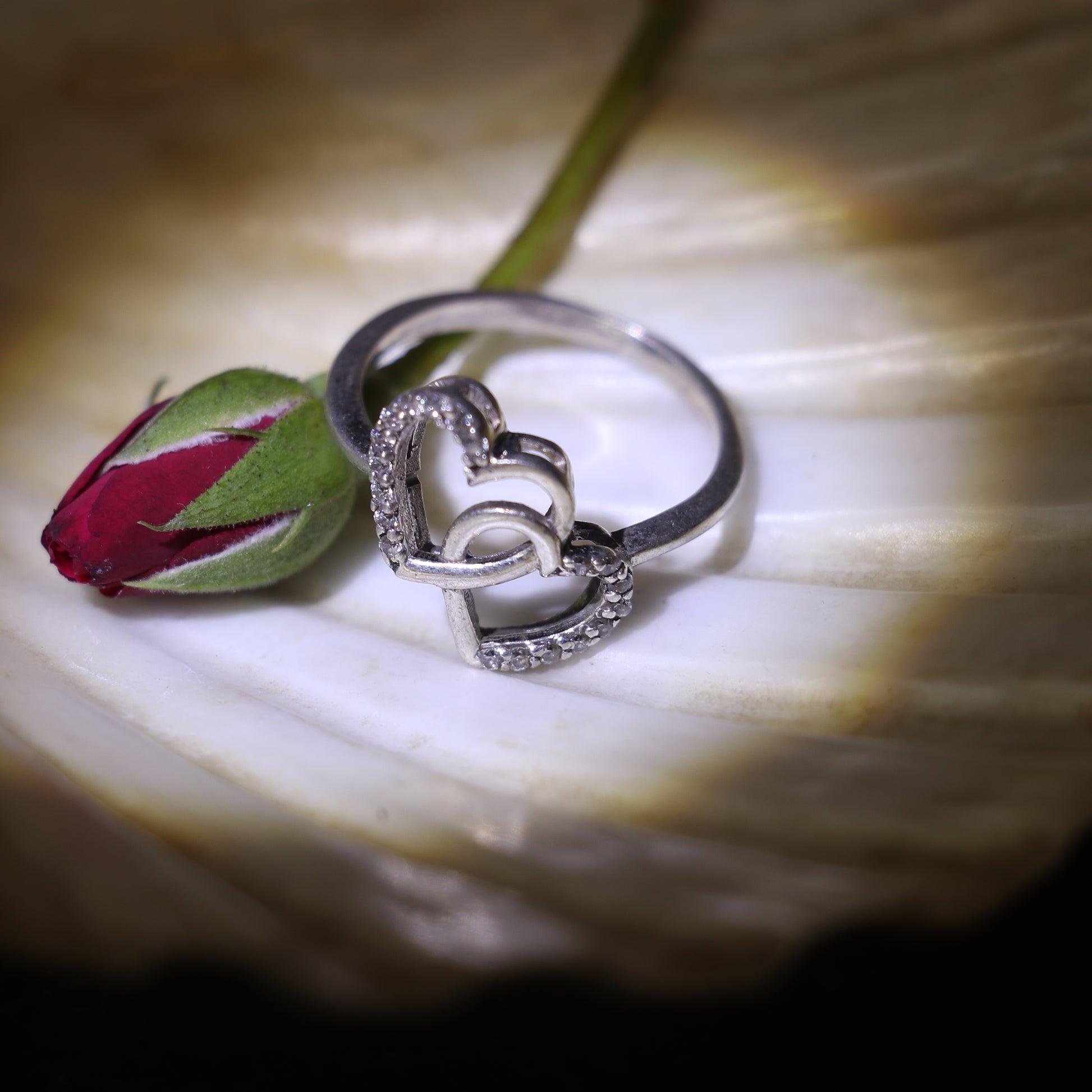 SILVER RING WITH DOUBLE HEART DESIGN AND SMALL ZIRCONS