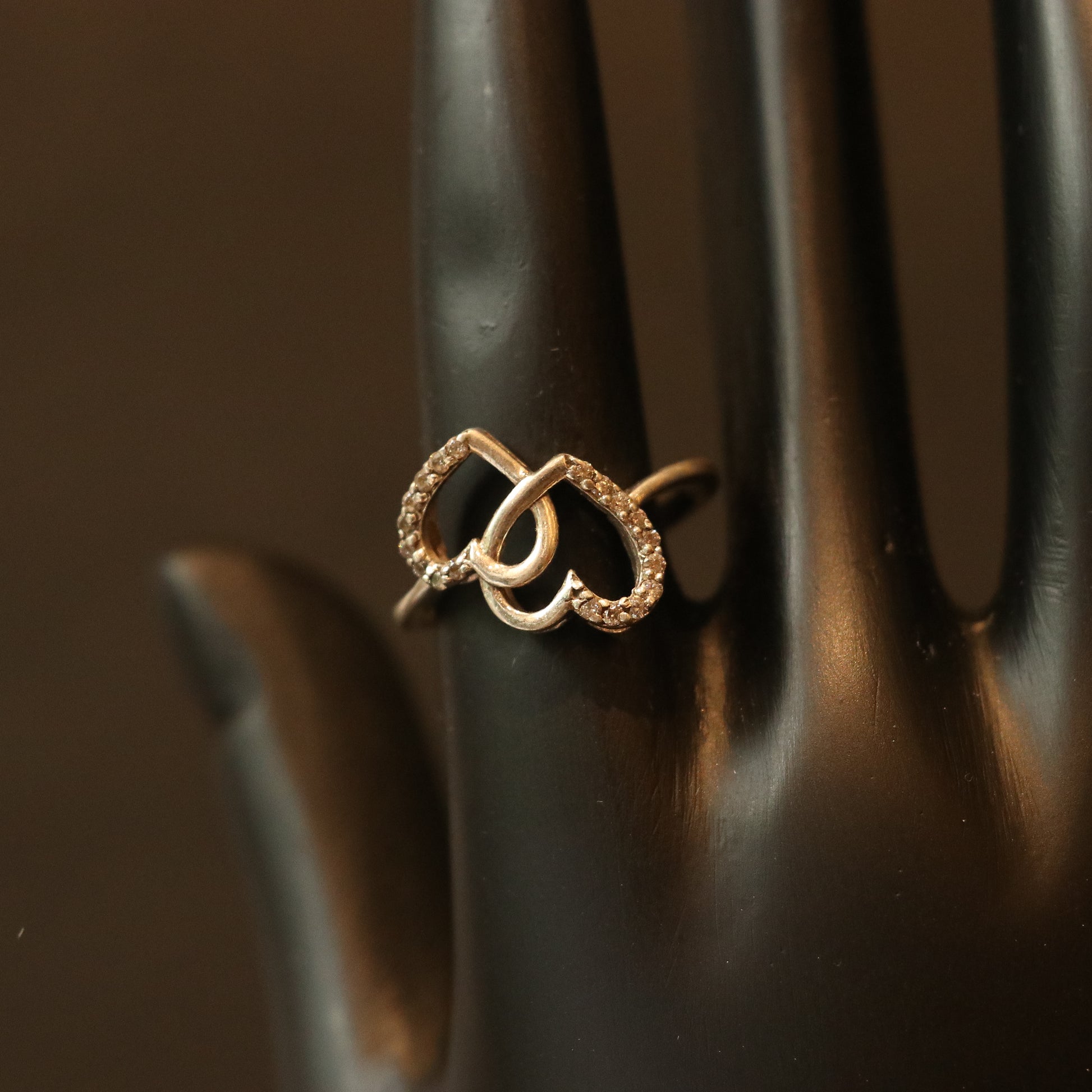 SILVER RING WITH DOUBLE HEART DESIGN AND SMALL ZIRCONS