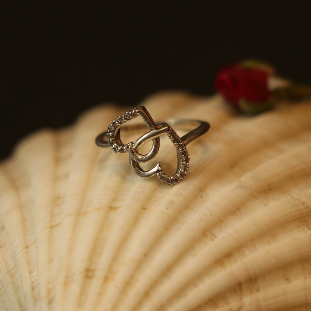 SILVER RING WITH DOUBLE HEART DESIGN AND SMALL ZIRCONS