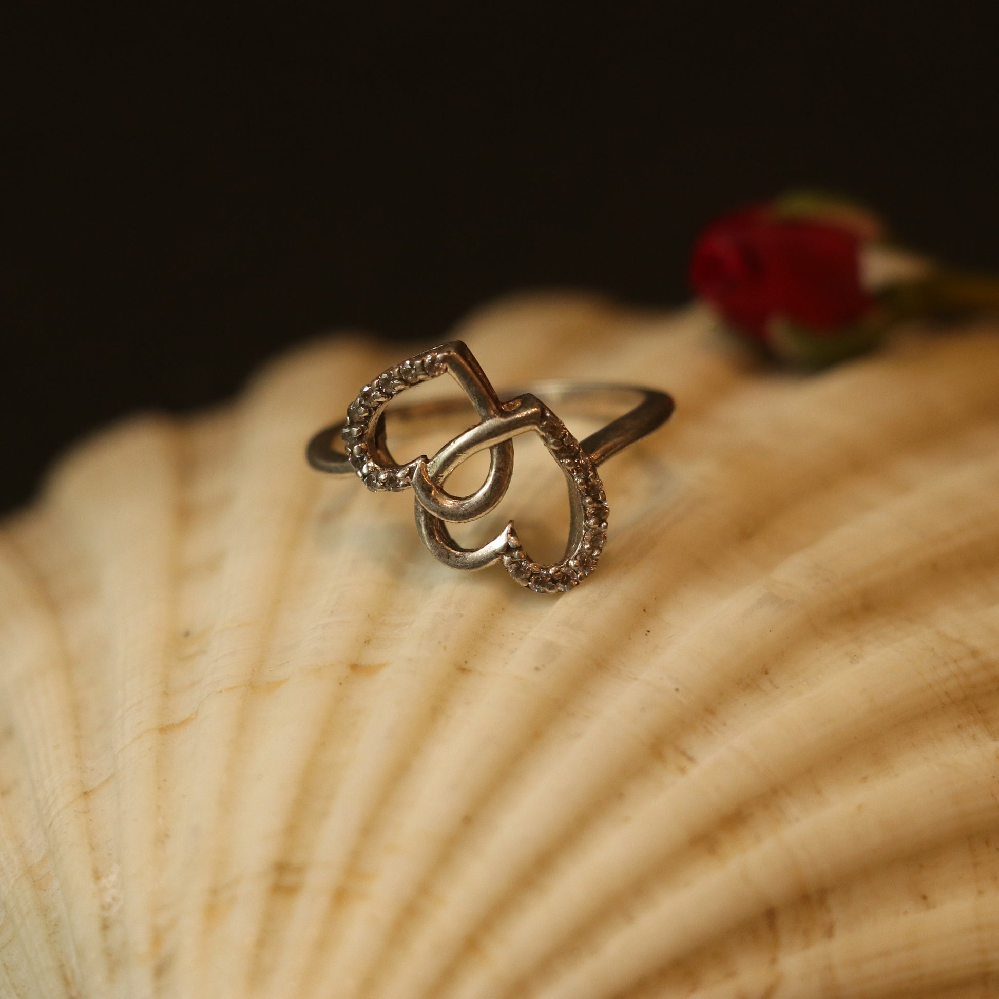 SILVER RING WITH DOUBLE HEART DESIGN AND SMALL ZIRCONS