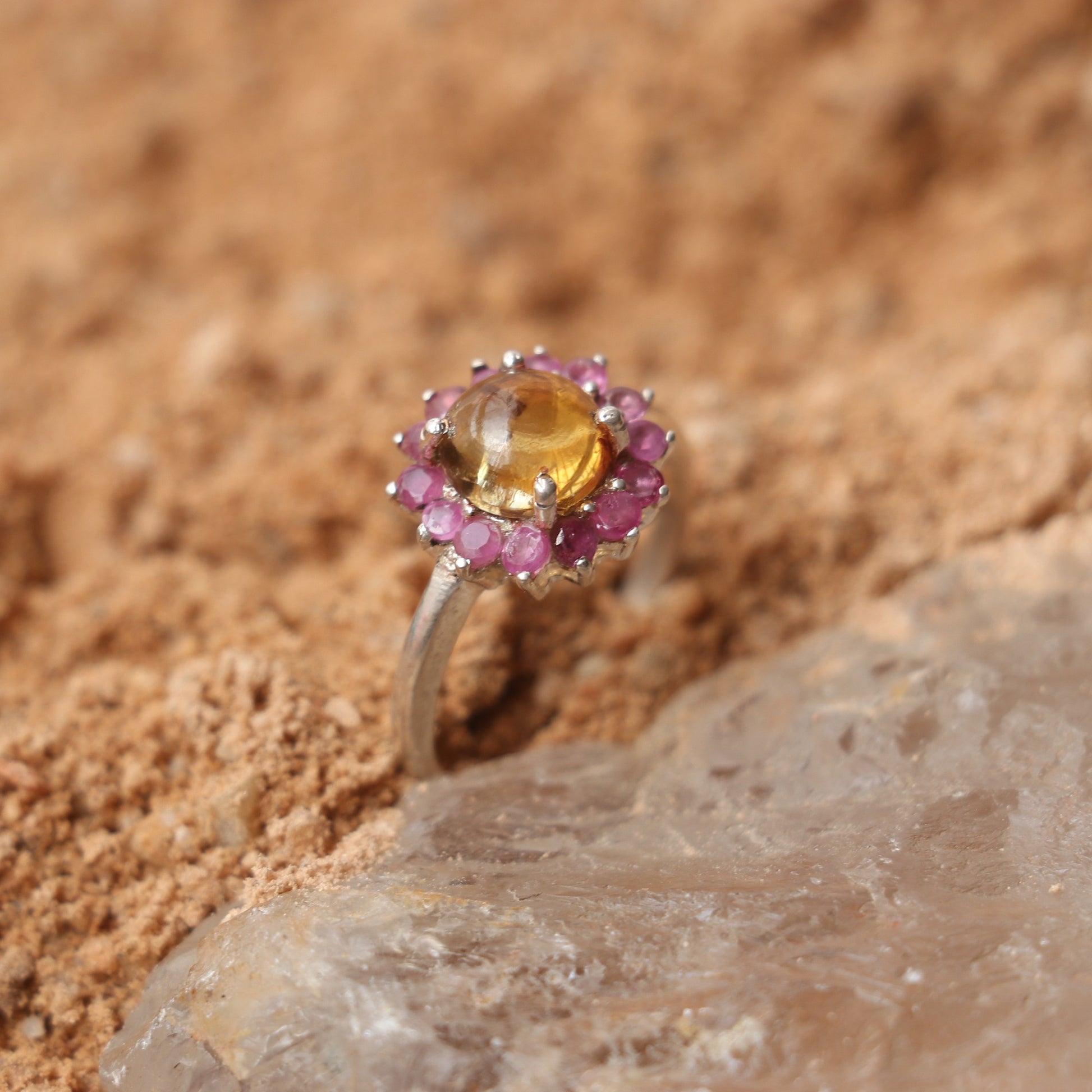 SILVER RING WITH GOLDEN TOURMALINE AND RUBIES