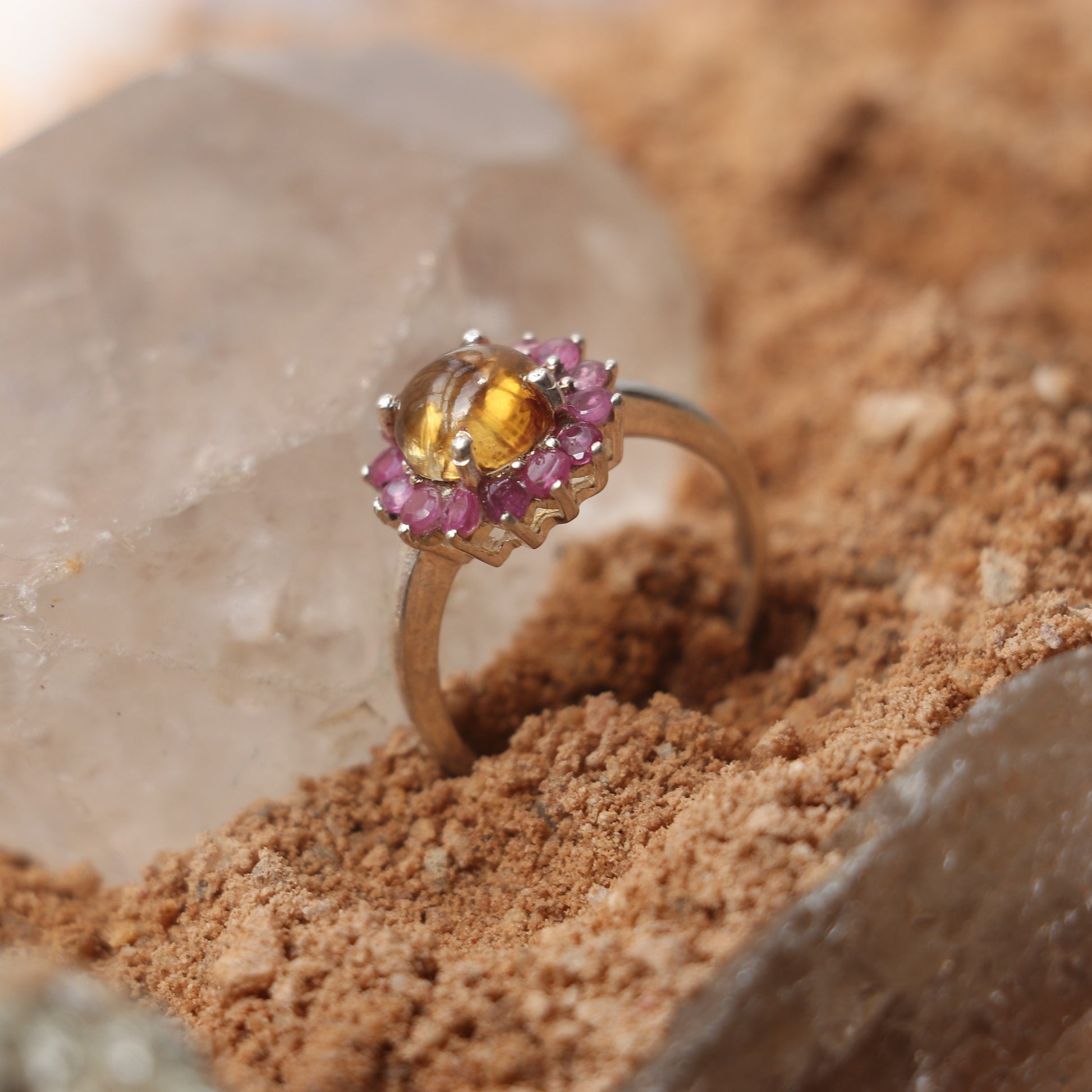 SILVER RING WITH GOLDEN TOURMALINE AND RUBIES