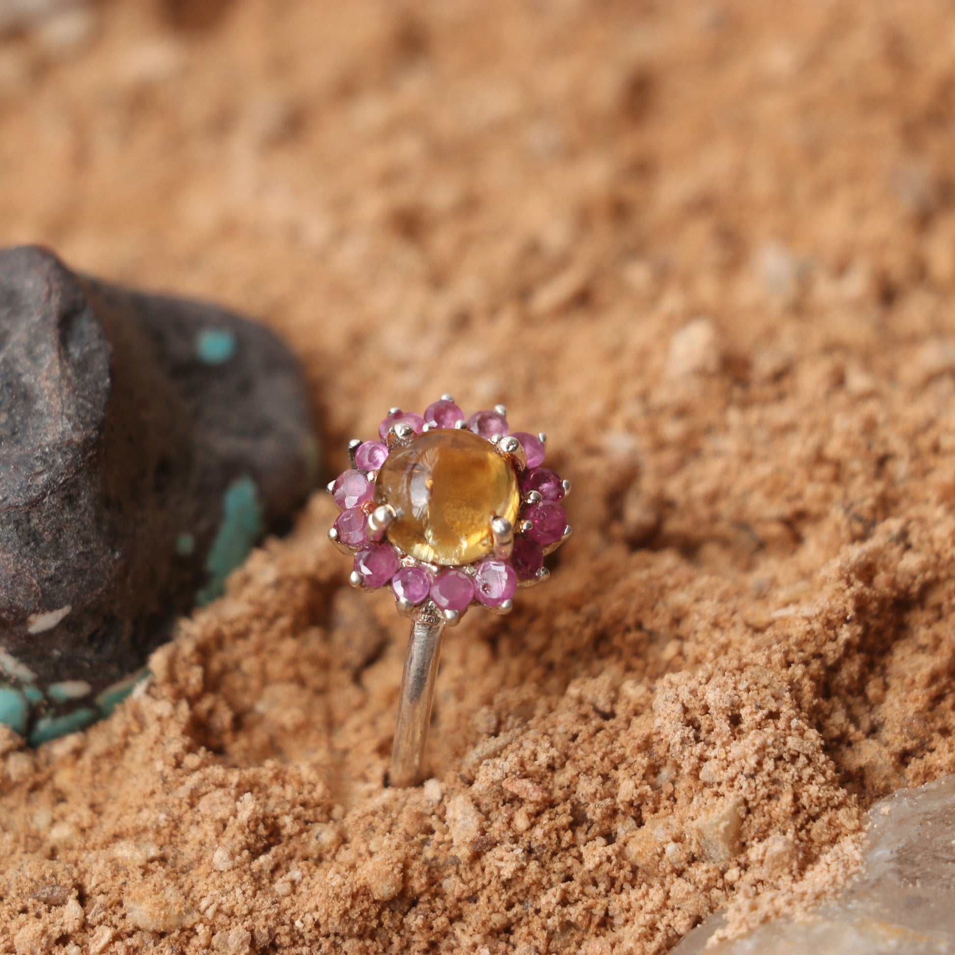 SILVER RING WITH GOLDEN TOURMALINE AND RUBIES