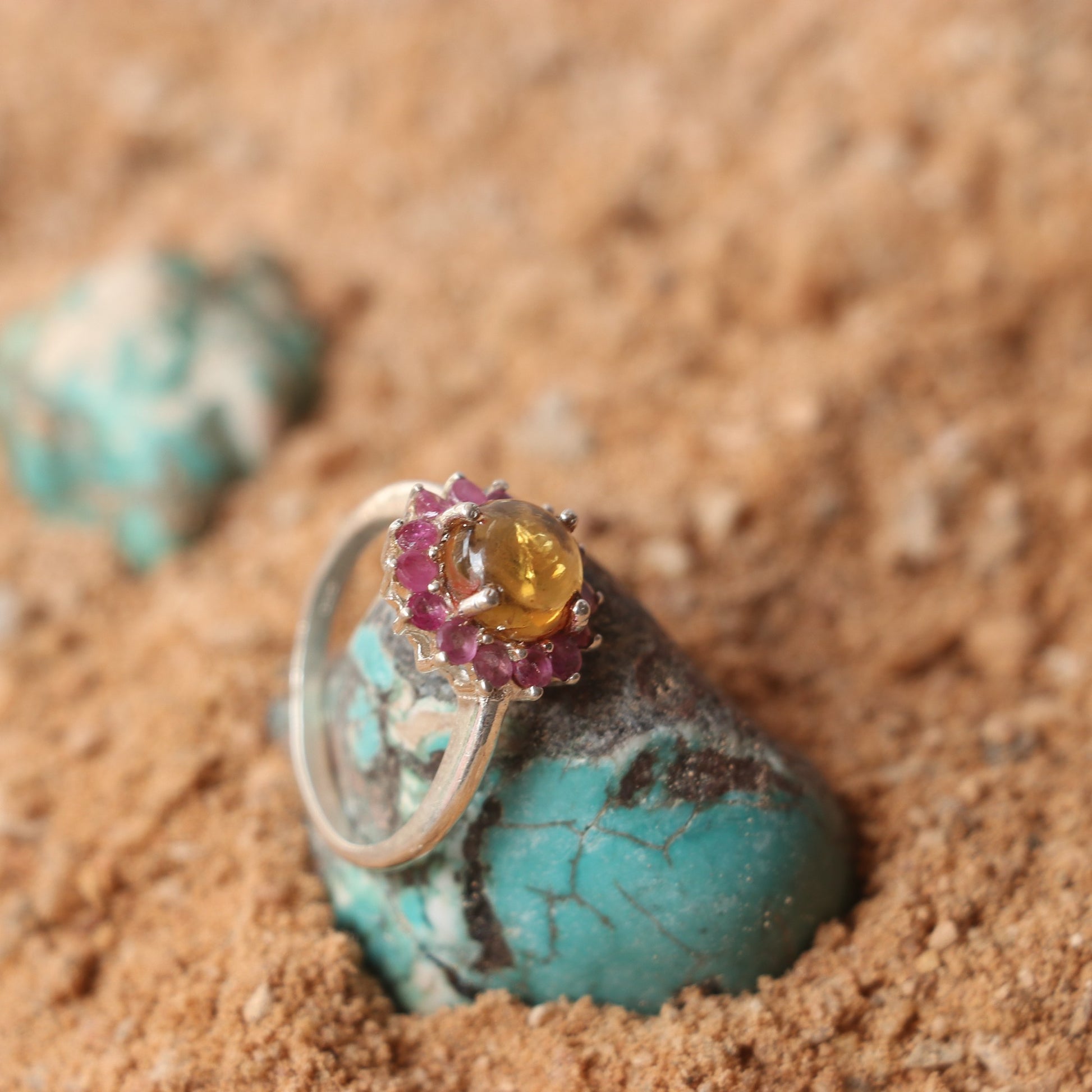 SILVER RING WITH GOLDEN TOURMALINE AND RUBIES