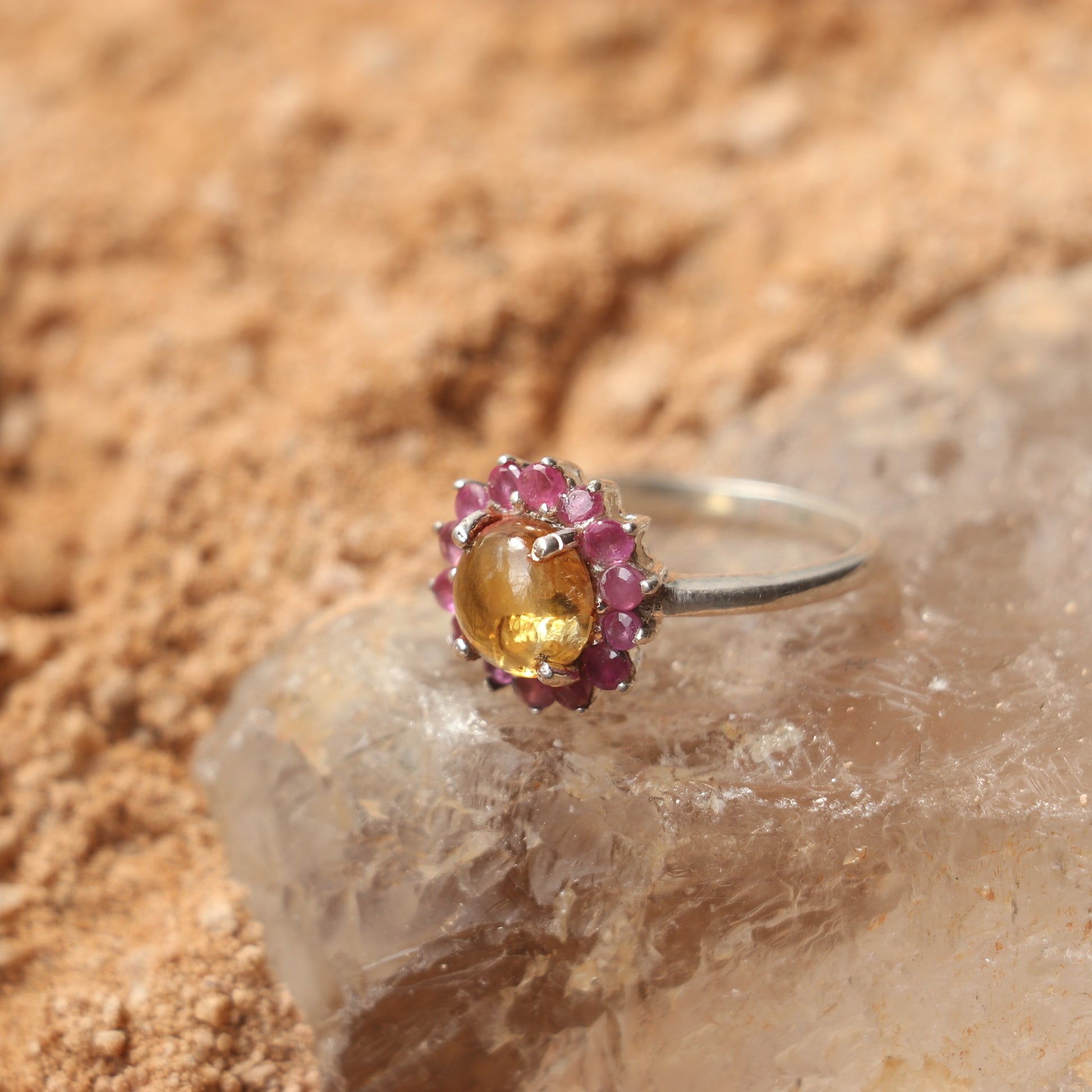 SILVER RING WITH GOLDEN TOURMALINE AND RUBIES
