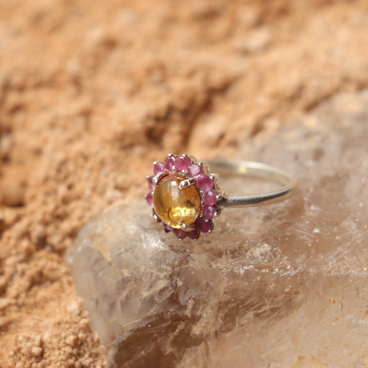 SILVER RING WITH GOLDEN TOURMALINE AND RUBIES
