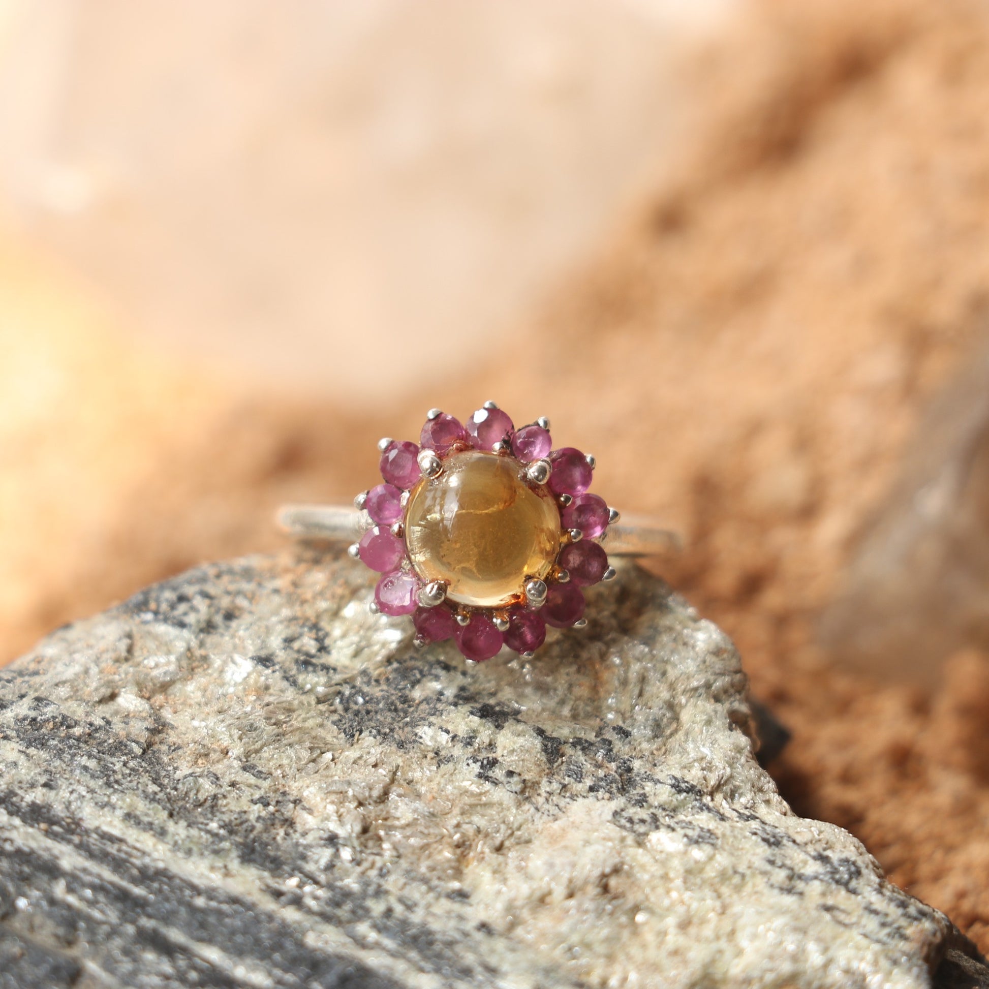 SILVER RING WITH GOLDEN TOURMALINE AND RUBIES