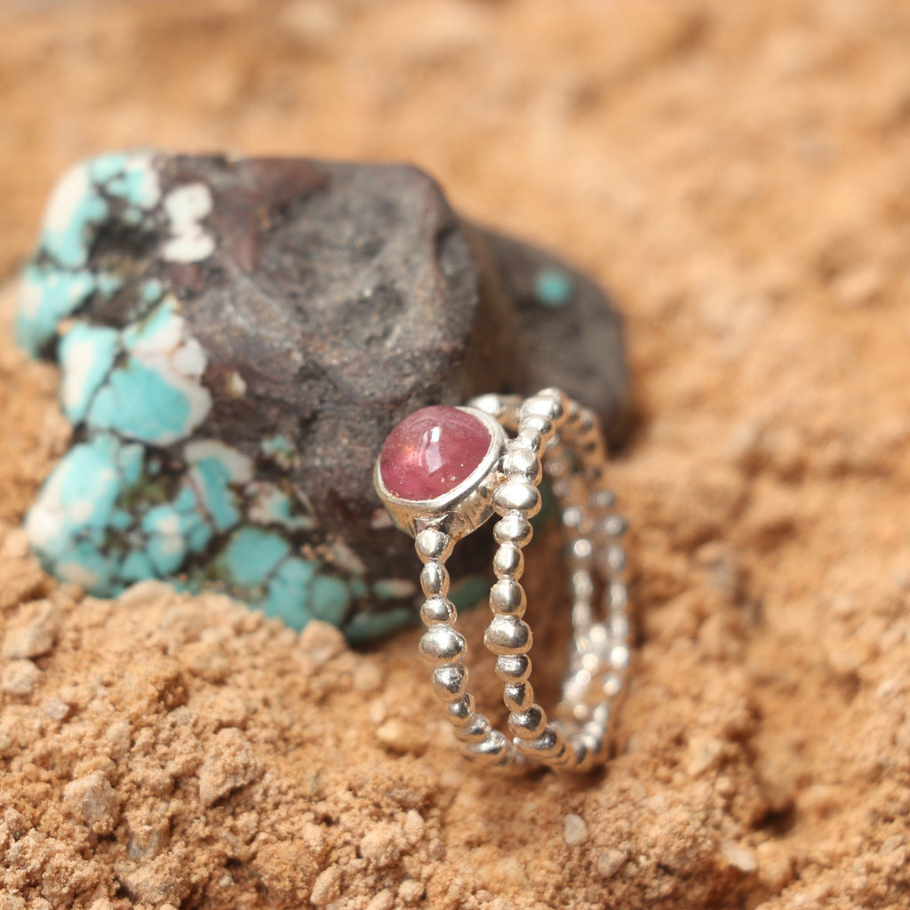 Silver Beaded Ring With Tourmaline