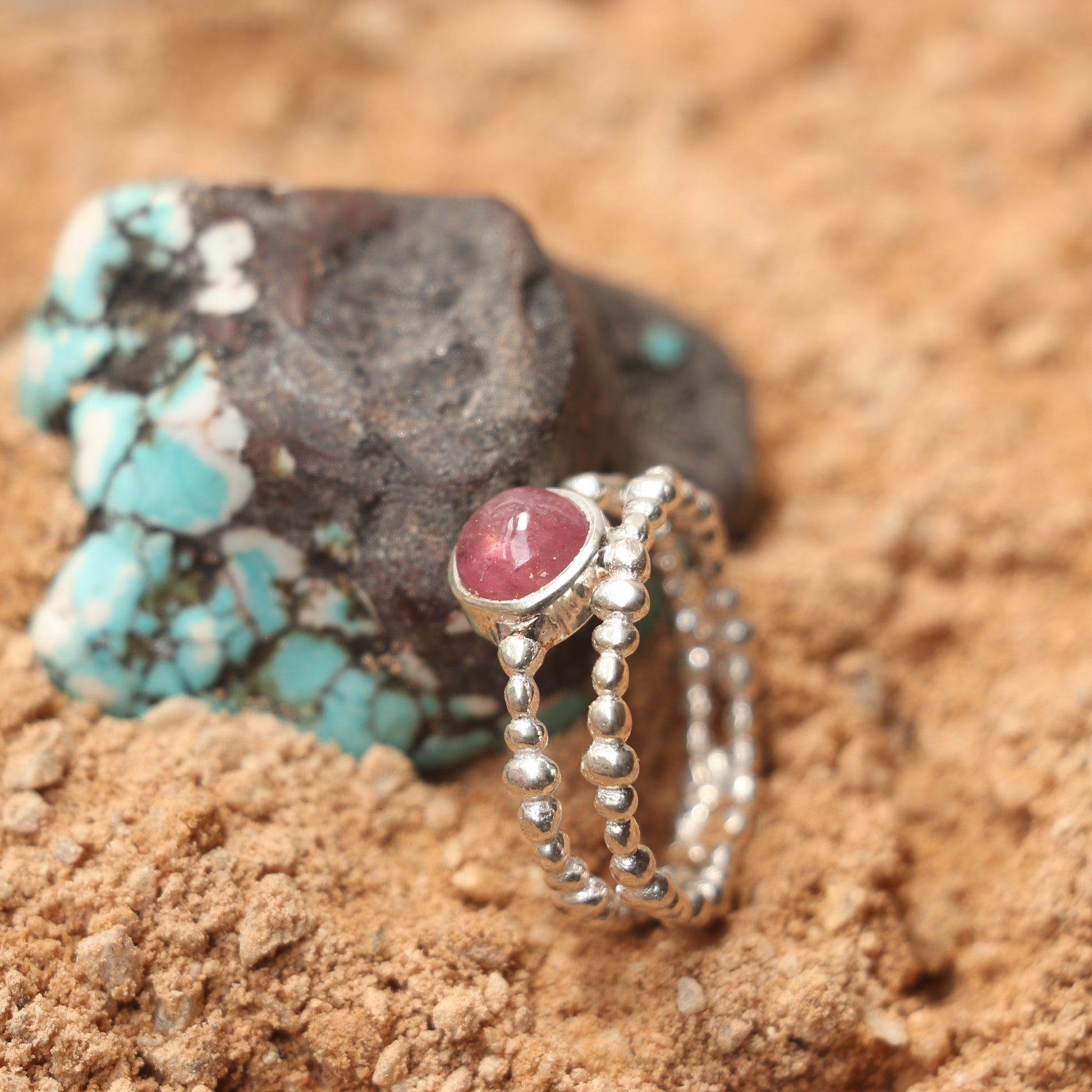 Silver Beaded Ring With Tourmaline