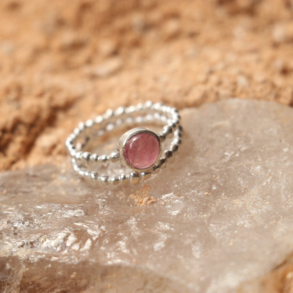SILVER BEADED RING WITH PINK TOURMALINE
