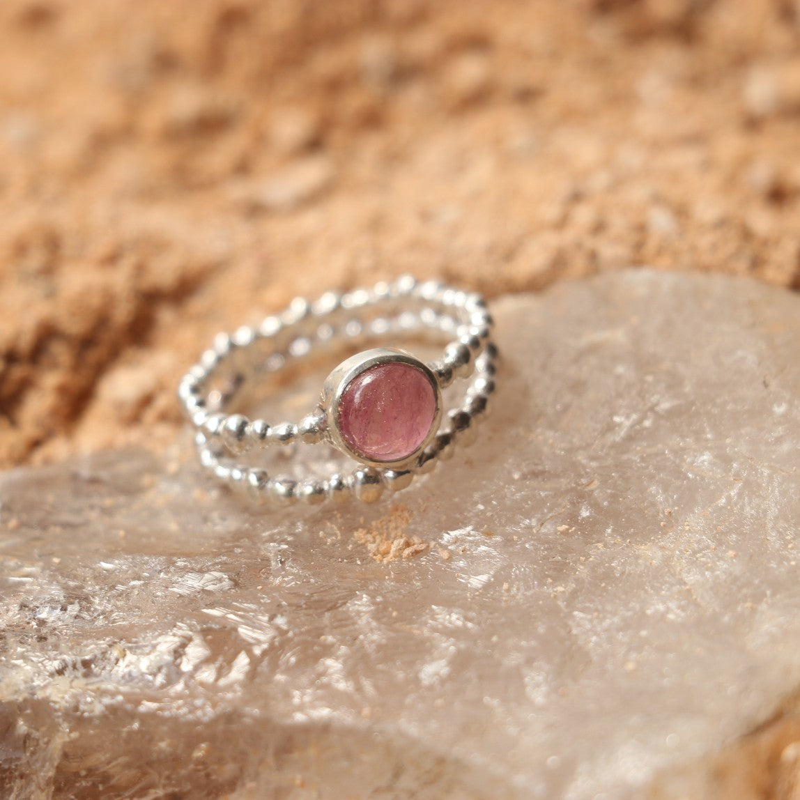 SILVER BEADED RING WITH PINK TOURMALINE