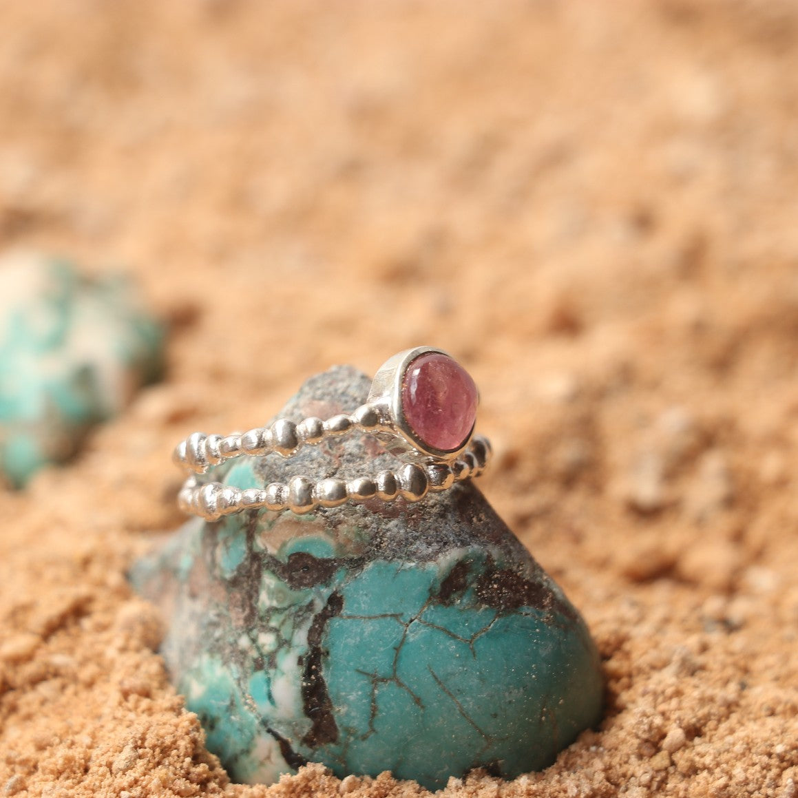 SILVER BEADED RING WITH PINK TOURMALINE