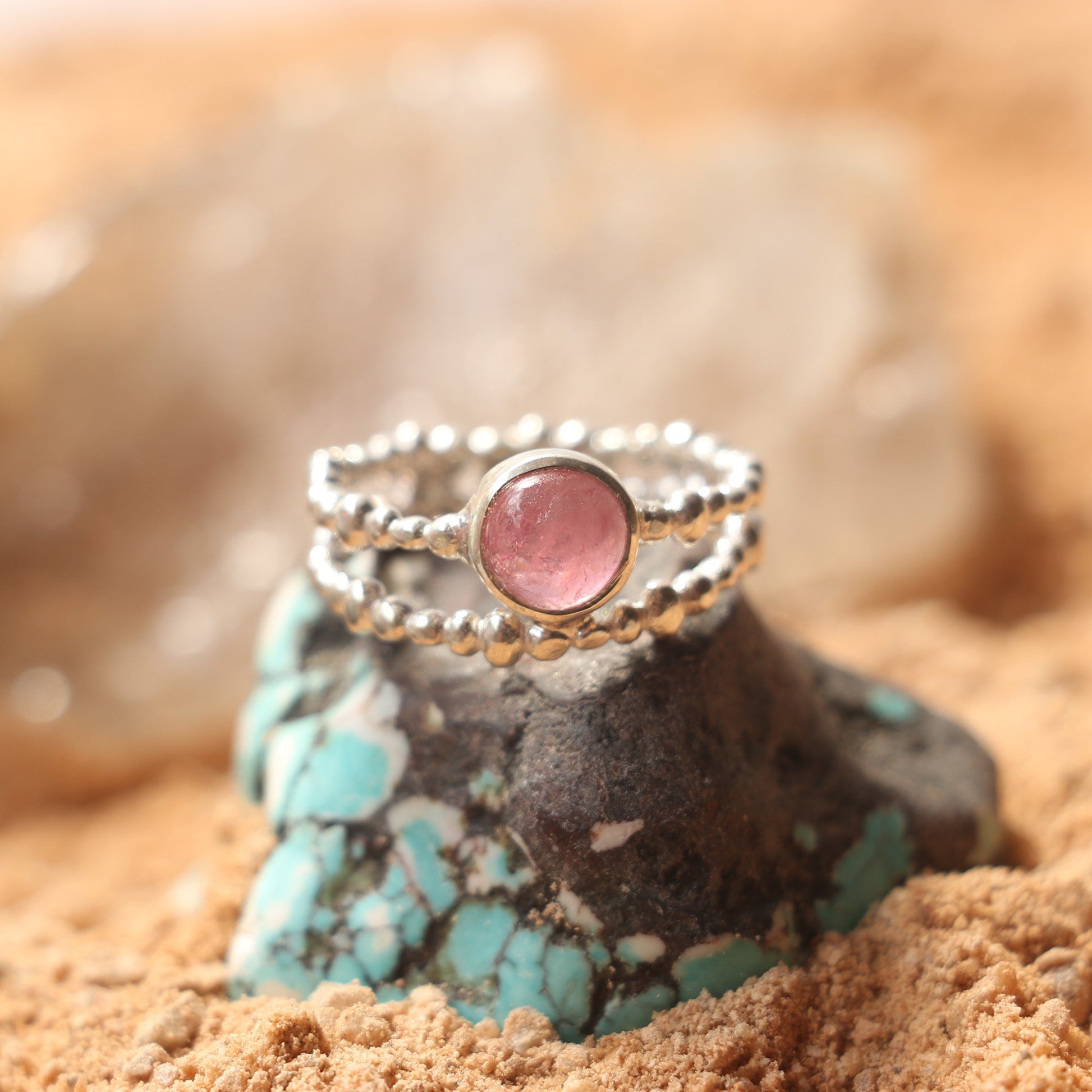 Silver Beaded Ring With Tourmaline