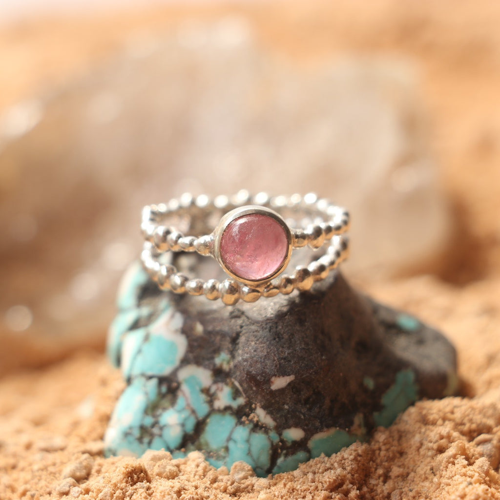 SILVER BEADED RING WITH PINK TOURMALINE