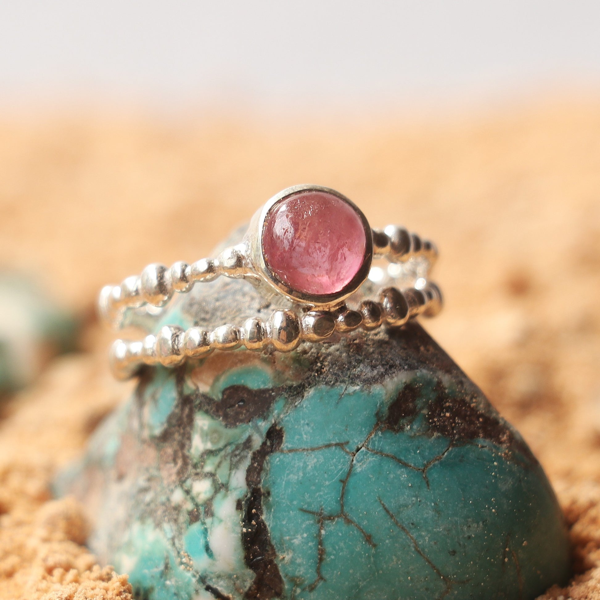 Silver Beaded Ring With Tourmaline