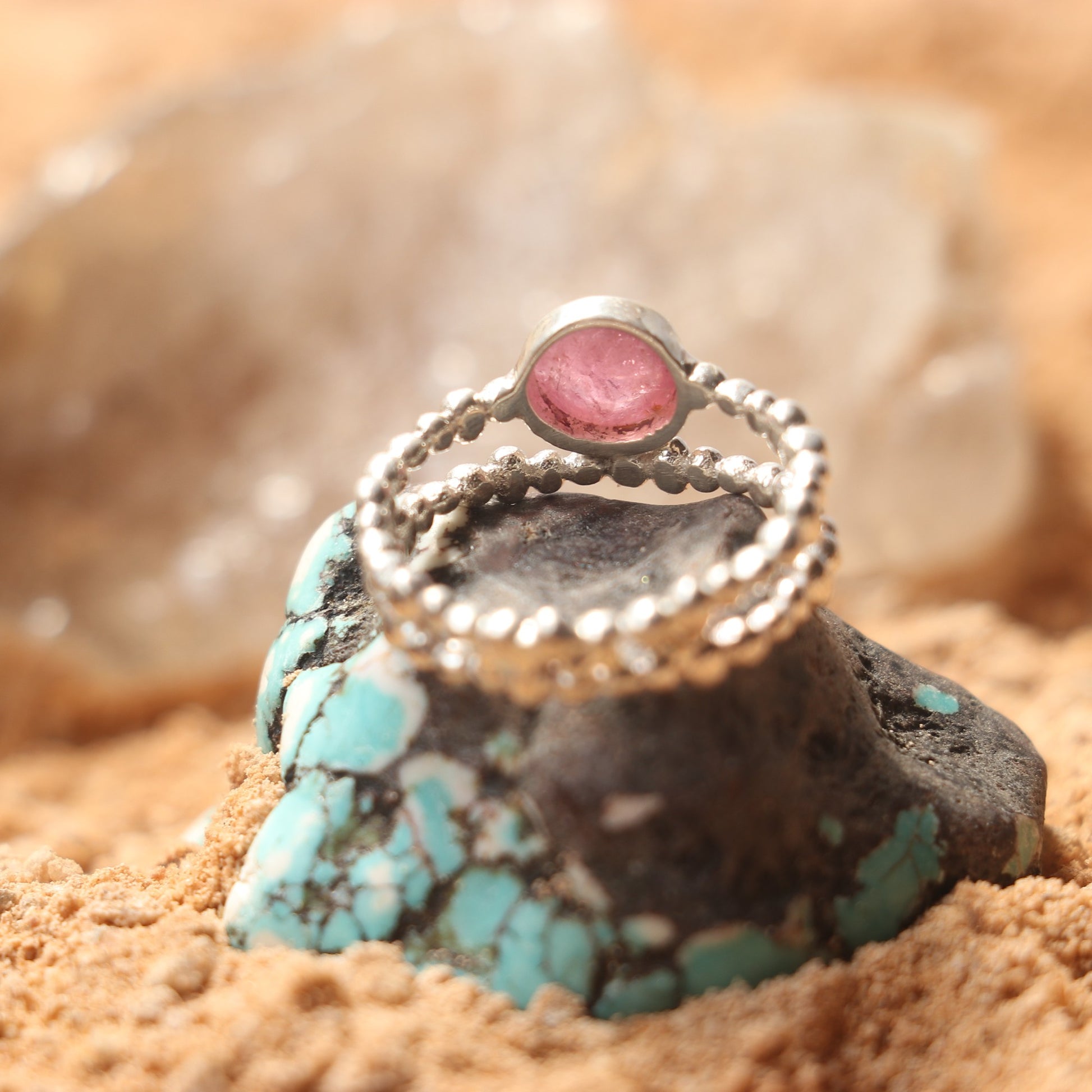 Silver Beaded Ring With Tourmaline
