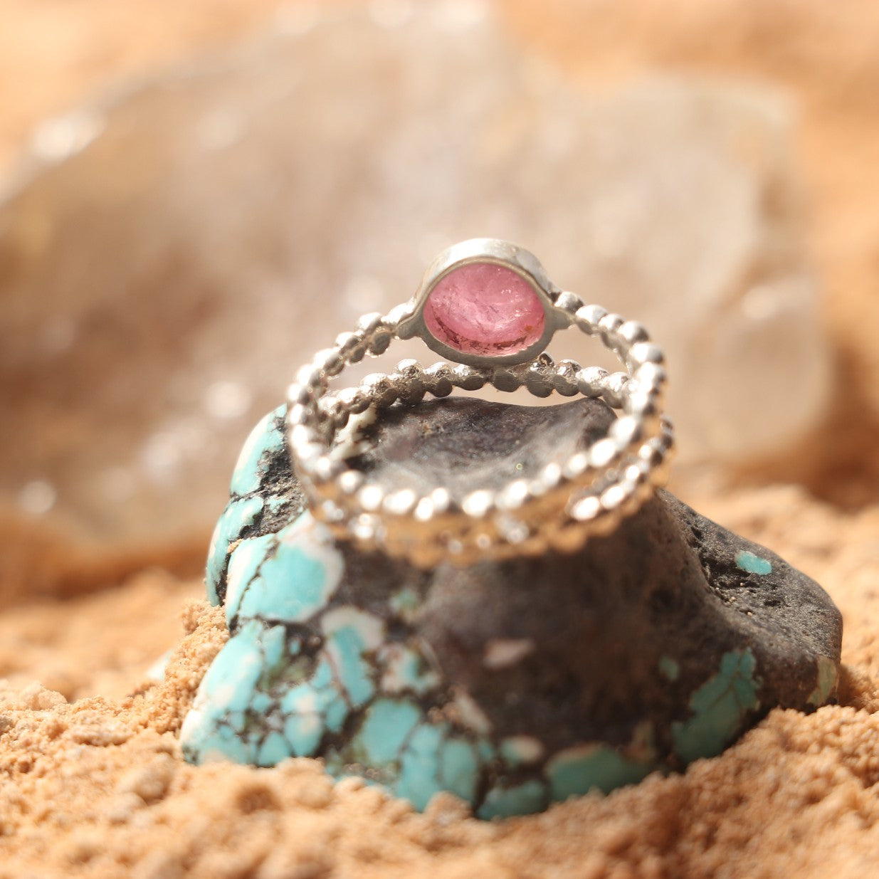 SILVER BEADED RING WITH PINK TOURMALINE