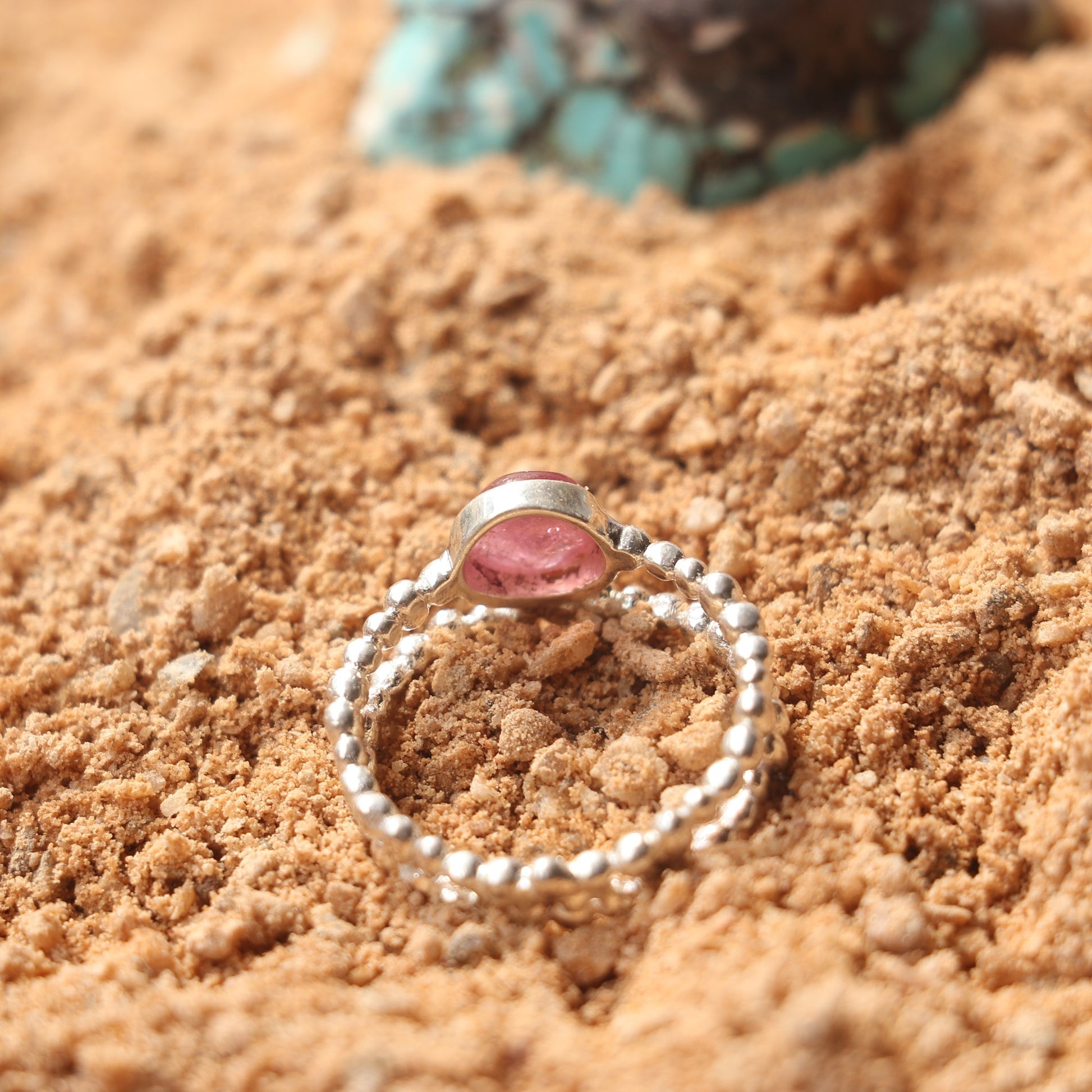 Silver Beaded Ring With Tourmaline