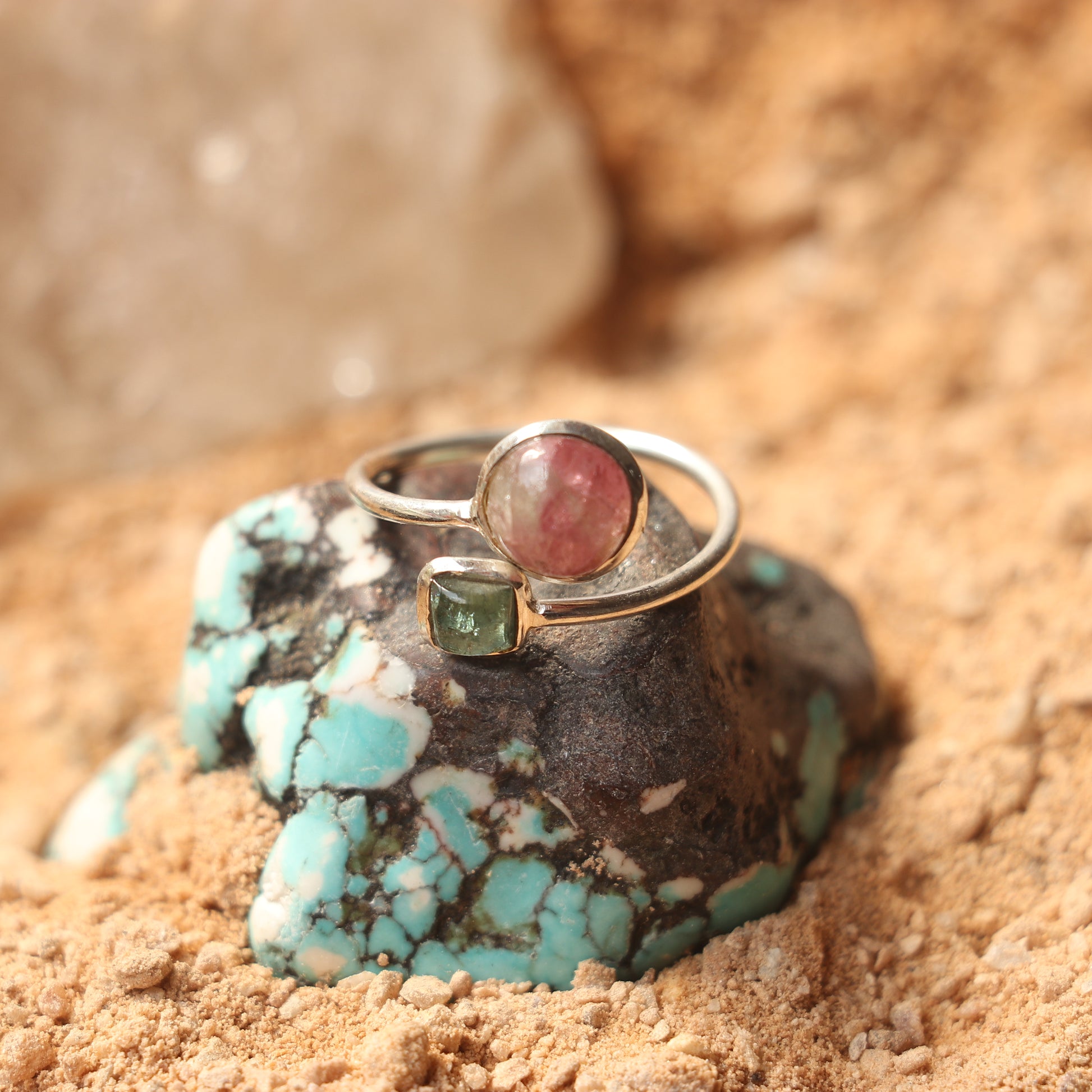 SILVER RING WITH PINK AND GREEN TOURMALINE