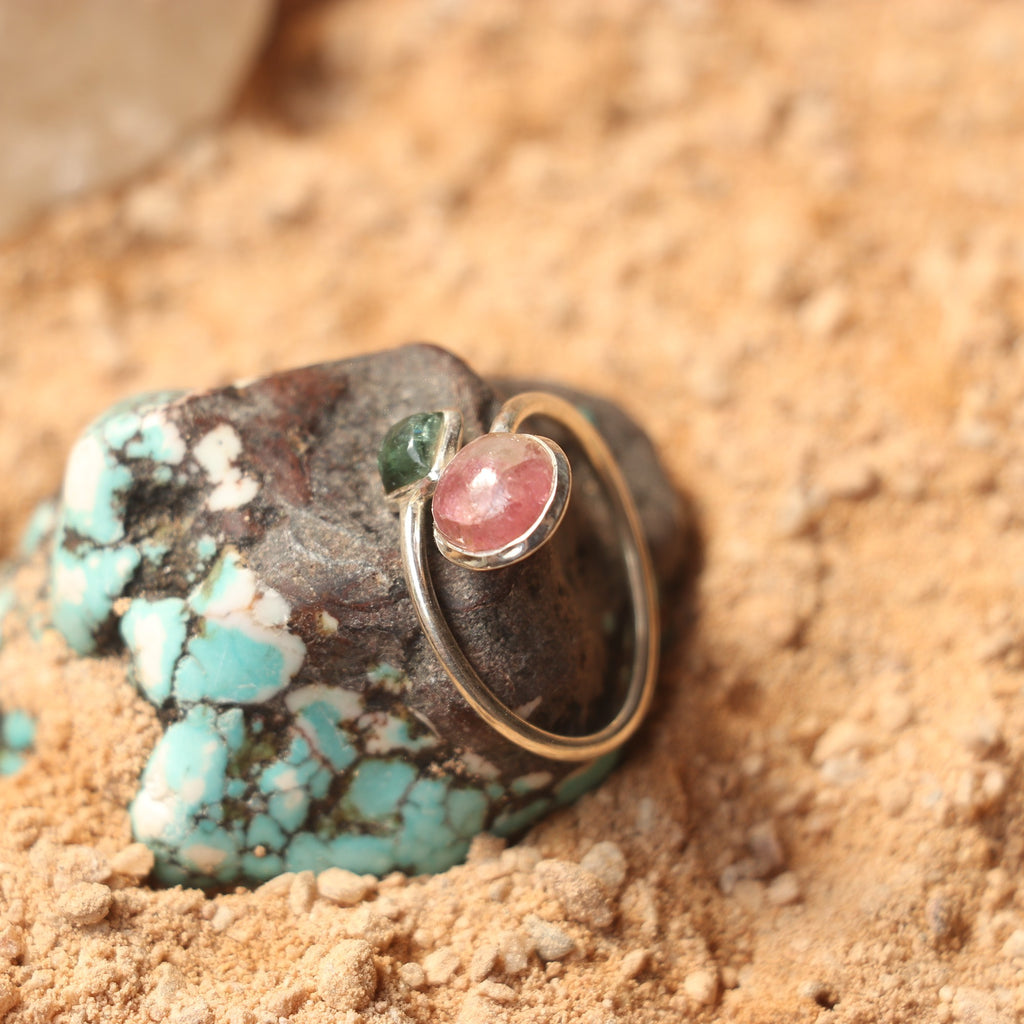 SILVER RING WITH PINK AND GREEN TOURMALINE