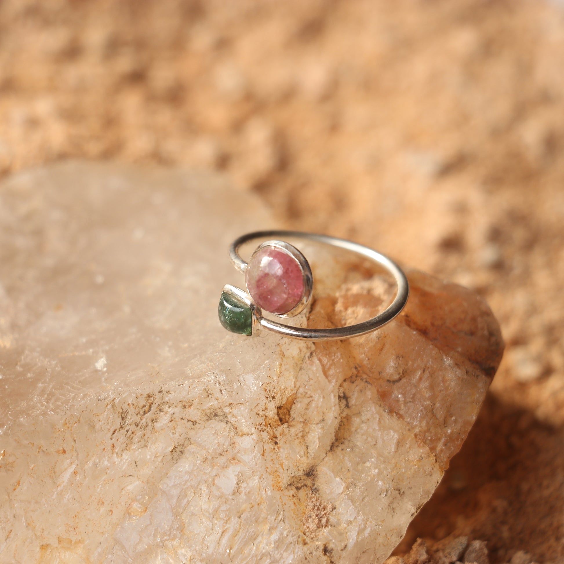 SILVER RING WITH PINK AND GREEN TOURMALINE
