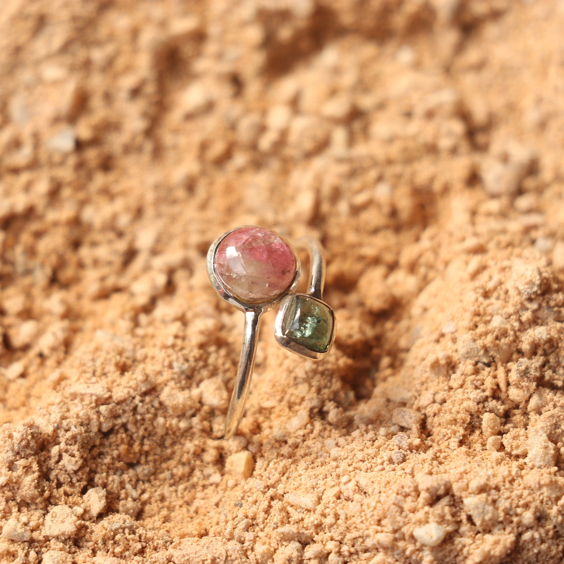 SILVER RING WITH PINK AND GREEN TOURMALINE
