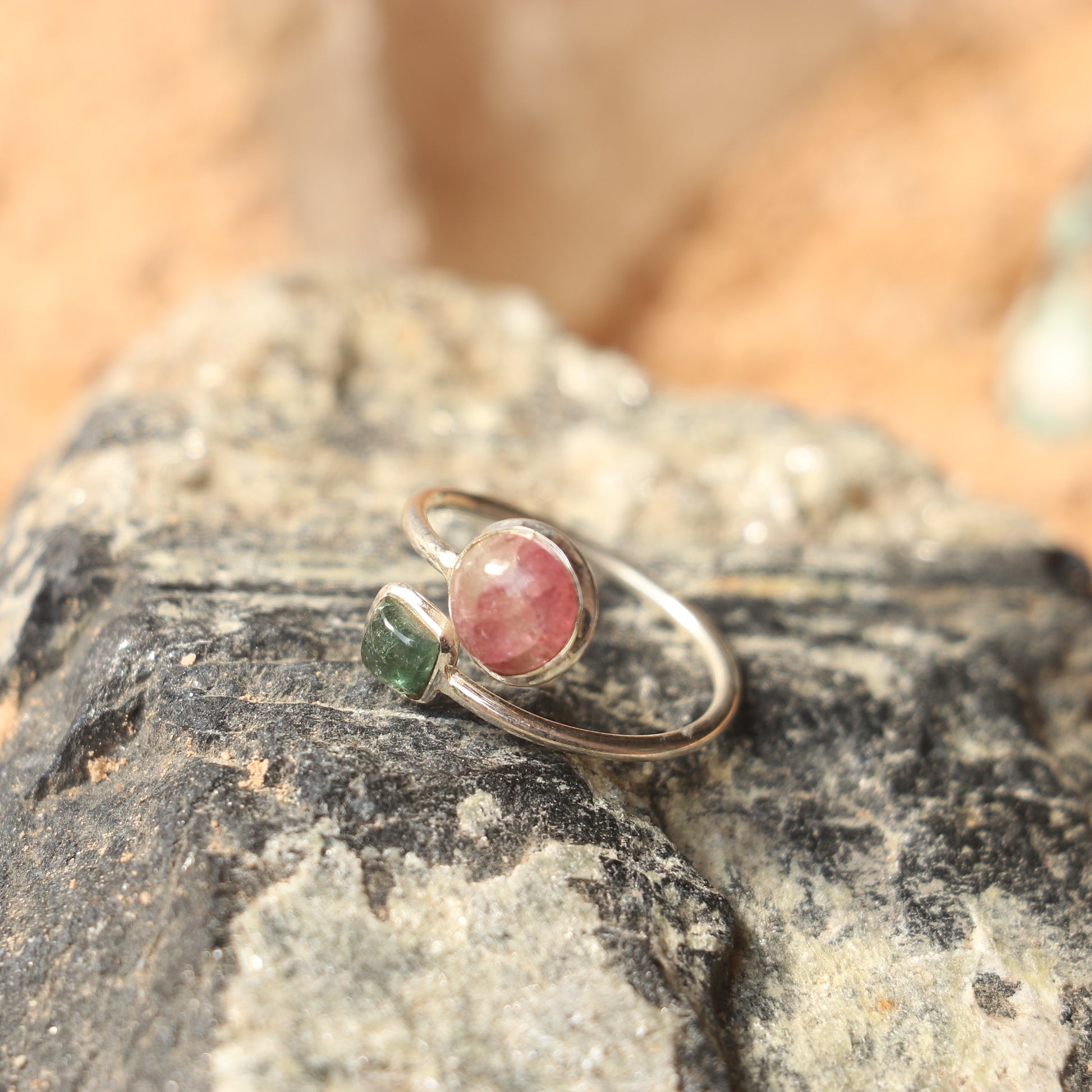 SILVER RING WITH PINK AND GREEN TOURMALINE