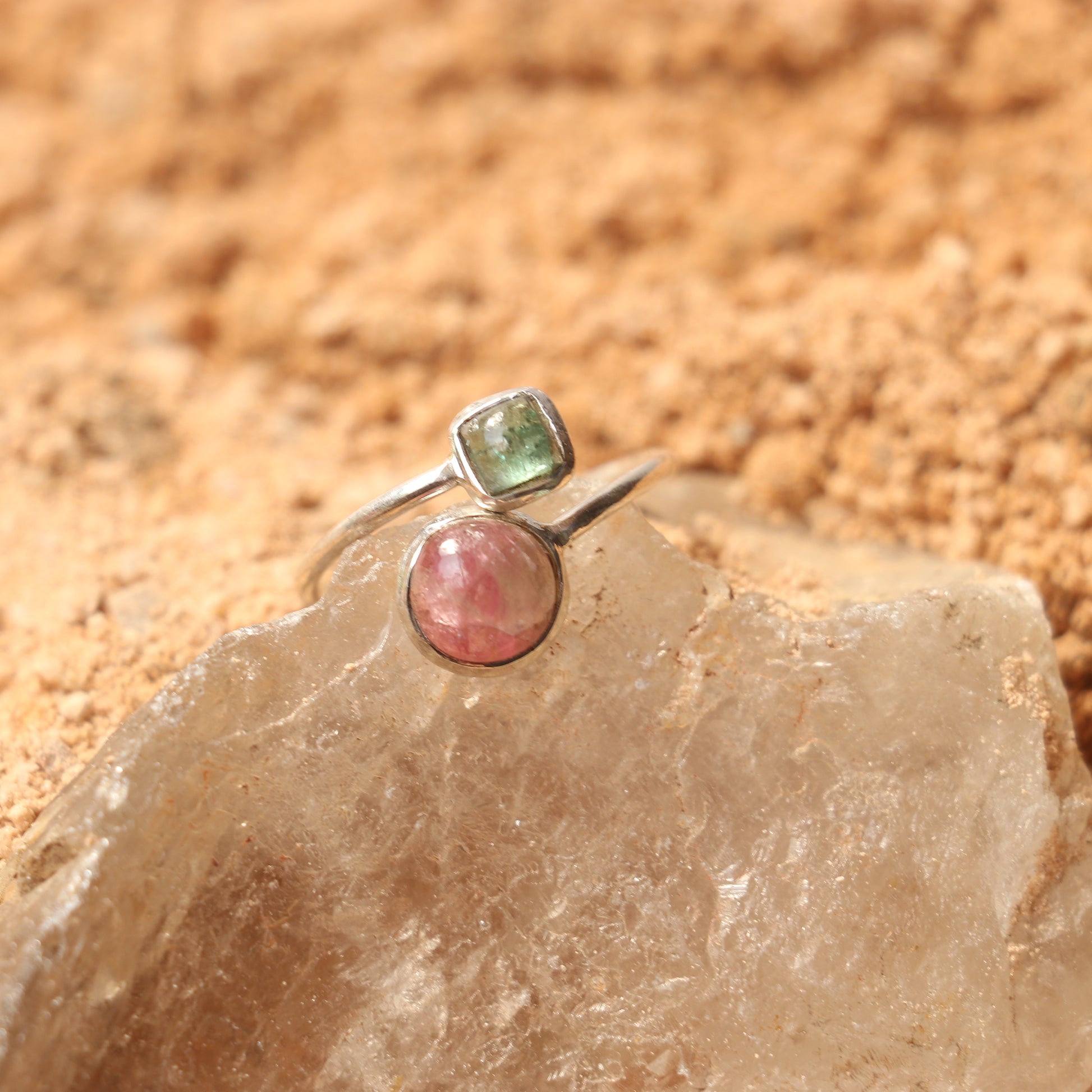 SILVER RING WITH PINK AND GREEN TOURMALINE