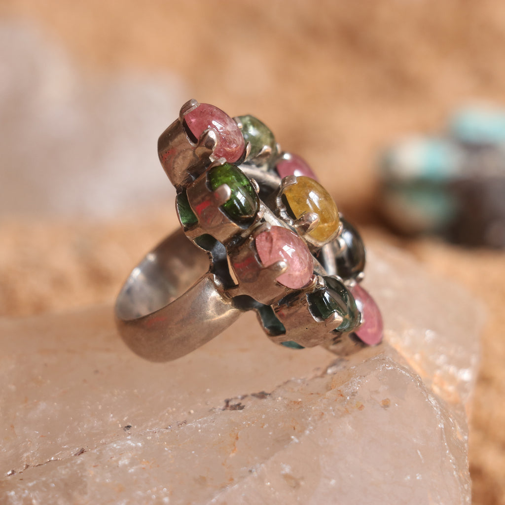 SILVER RING STUDDED WITH TOURMALINES