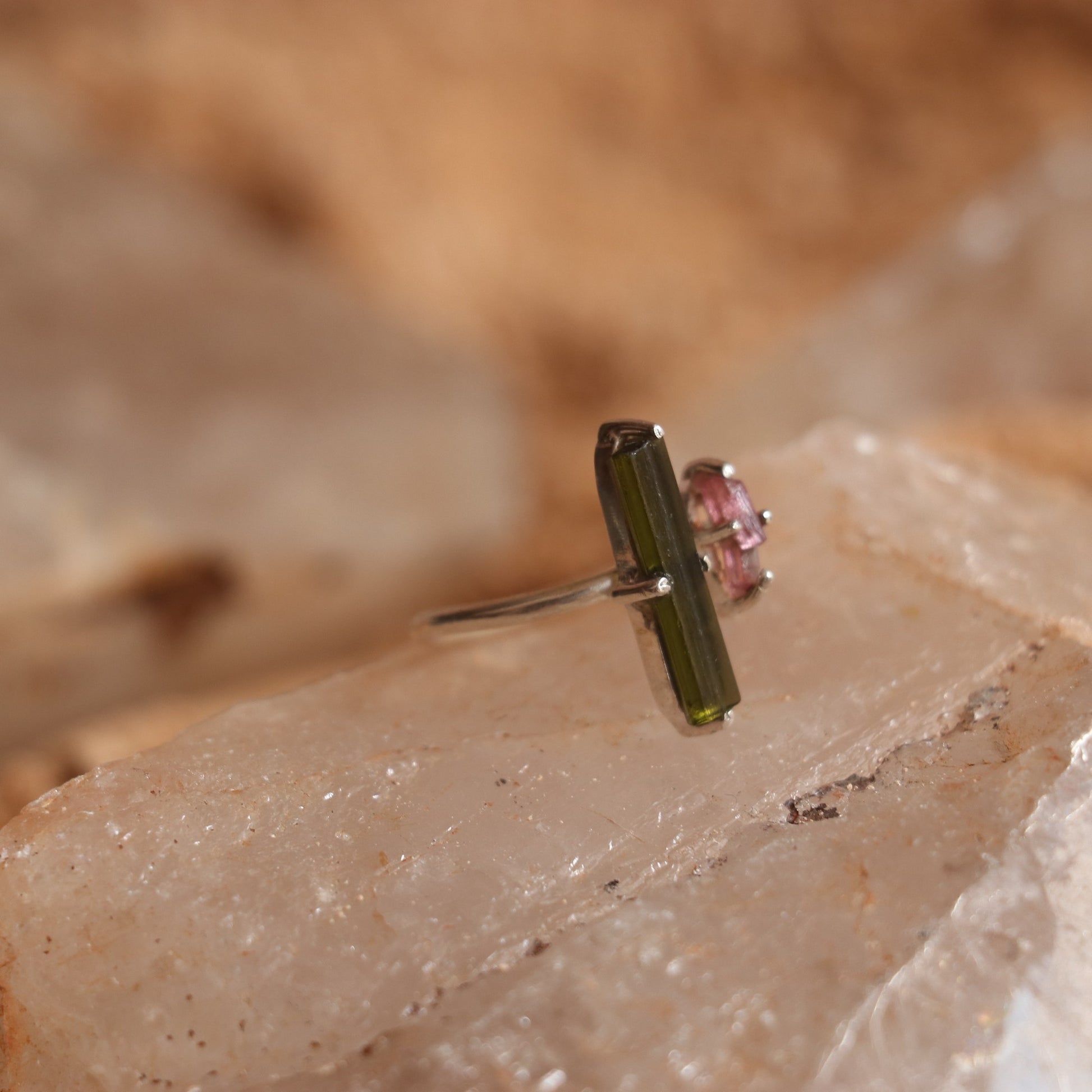 SILVER RING WITH LONG GREEN AND SMALL PINK TOURMALINE