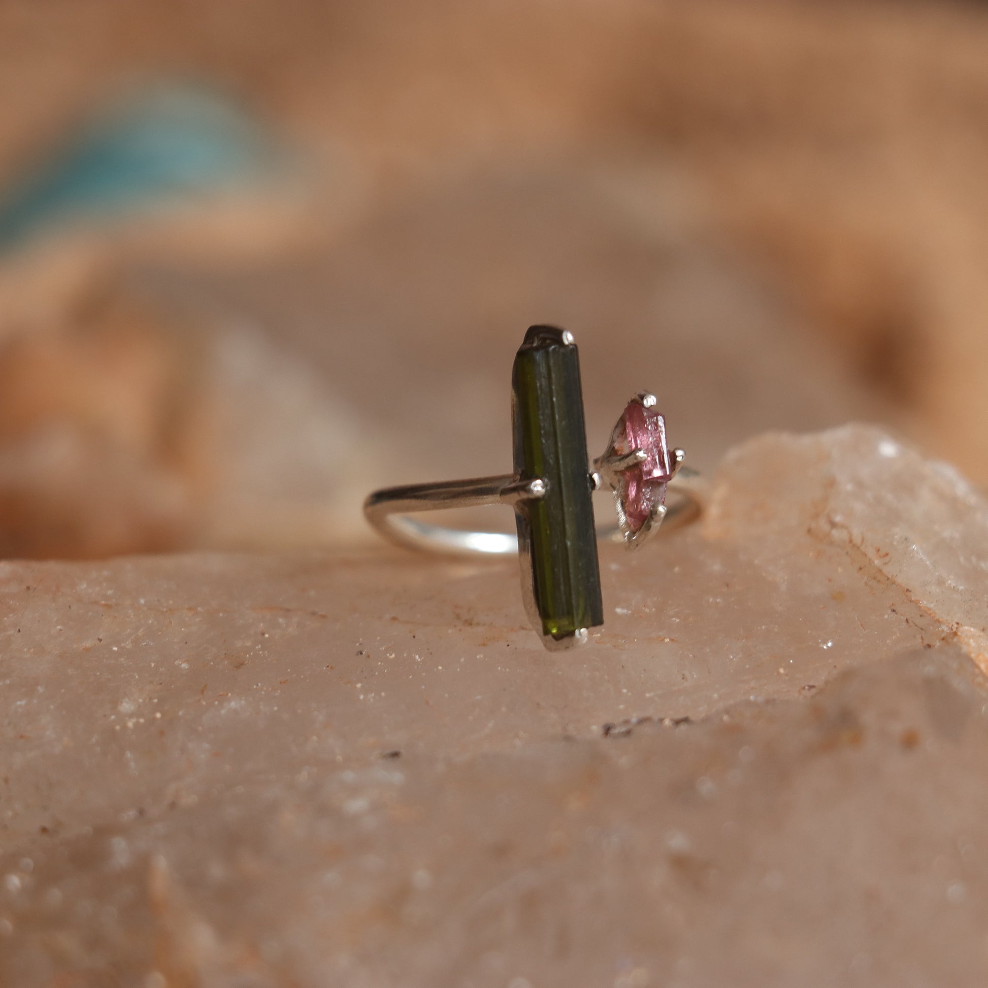SILVER RING WITH LONG GREEN AND SMALL PINK TOURMALINE