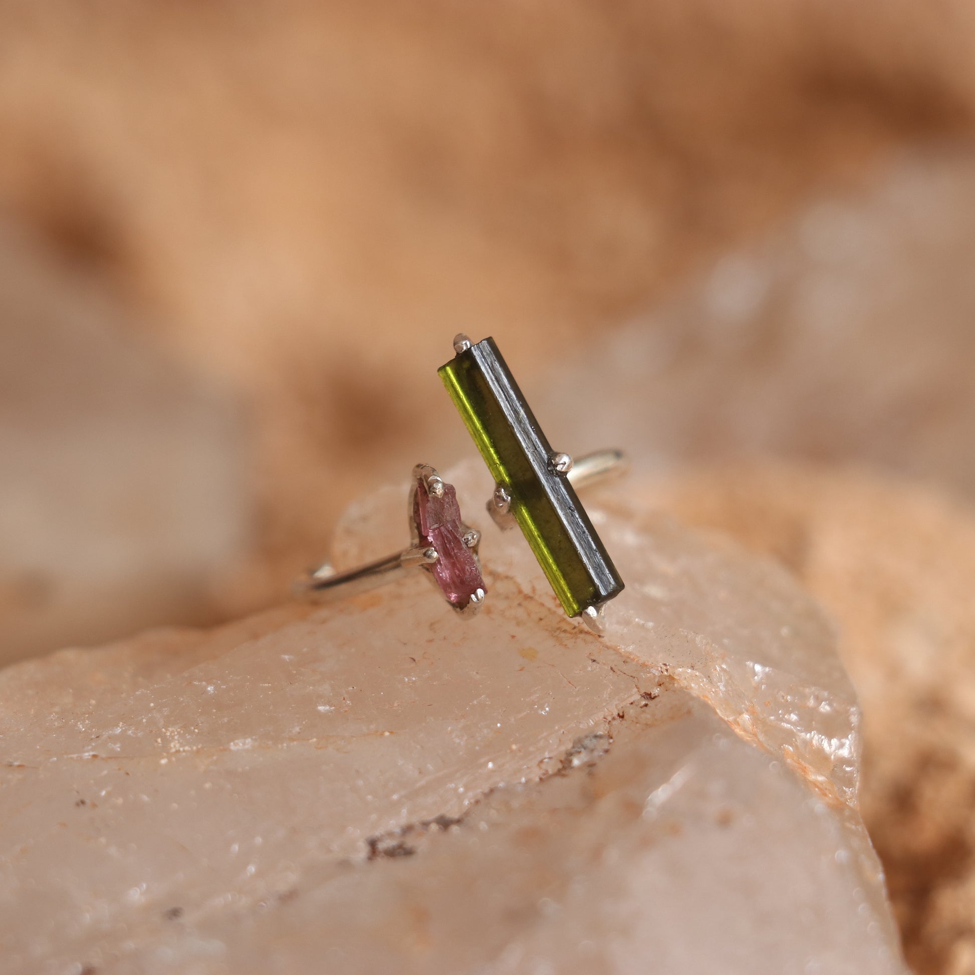 SILVER RING WITH LONG GREEN AND SMALL PINK TOURMALINE