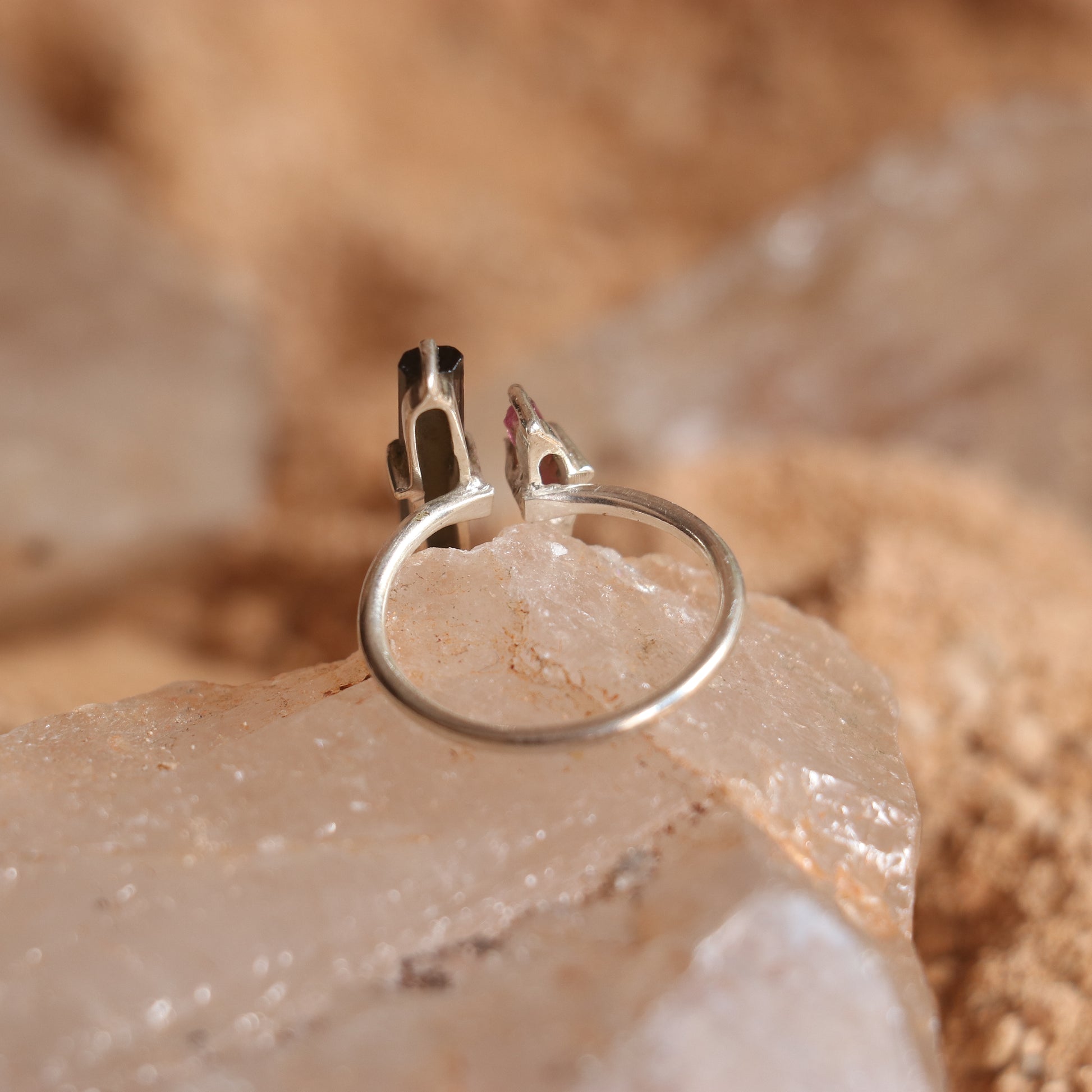 SILVER RING WITH LONG GREEN AND SMALL PINK TOURMALINE