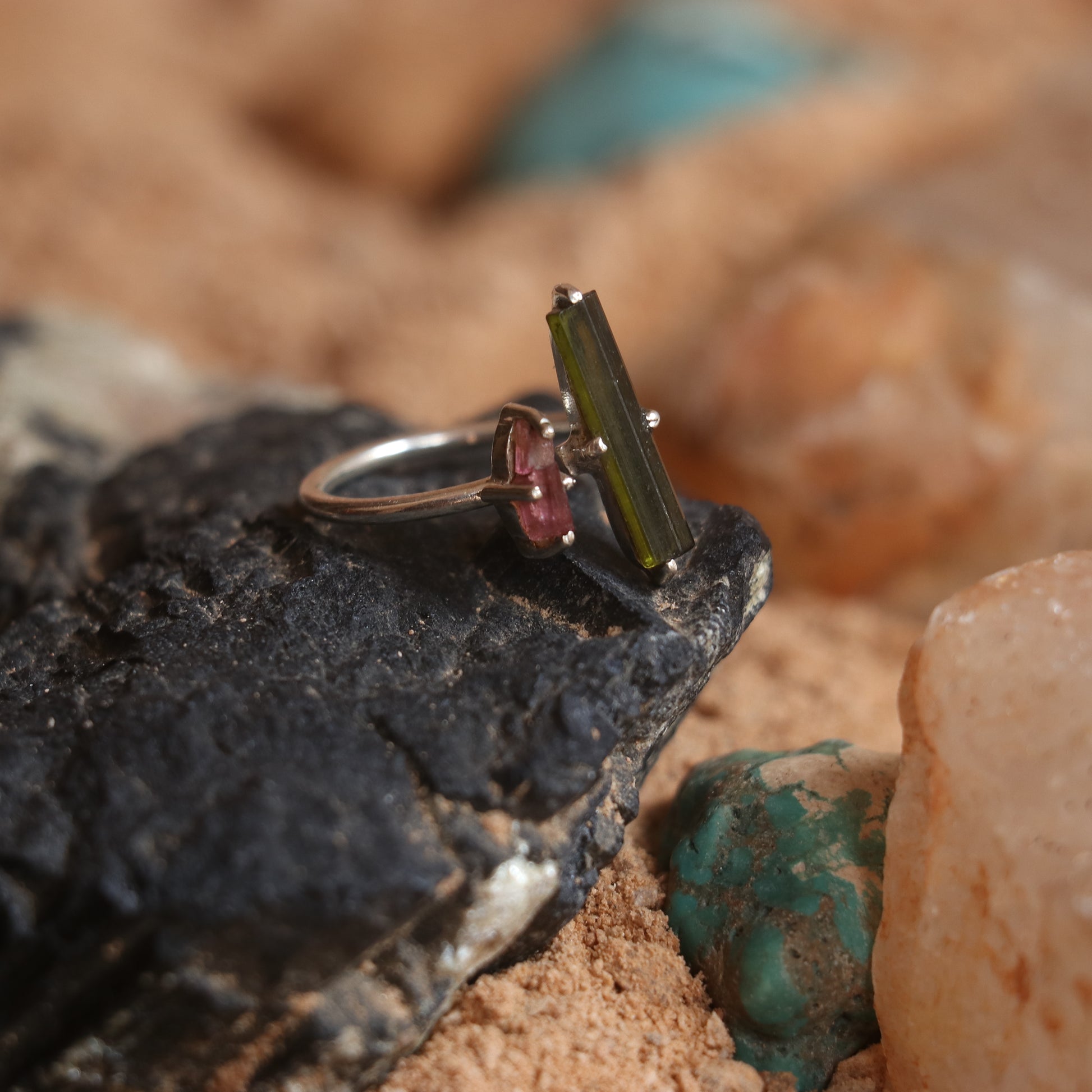 SILVER RING WITH LONG GREEN AND SMALL PINK TOURMALINE