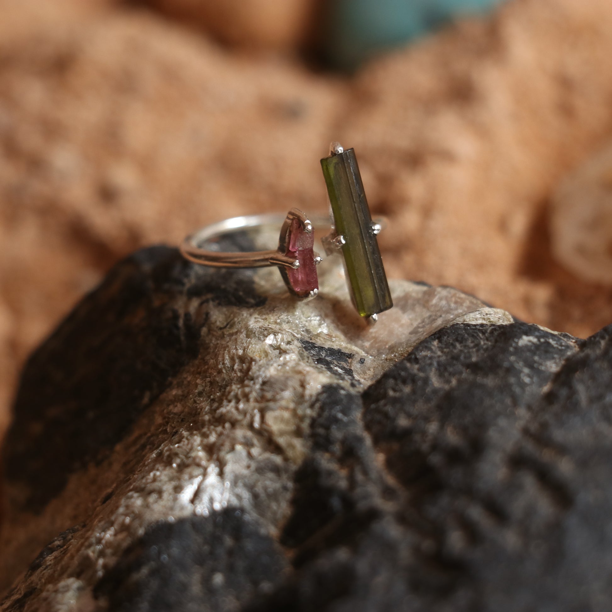 SILVER RING WITH LONG GREEN AND SMALL PINK TOURMALINE