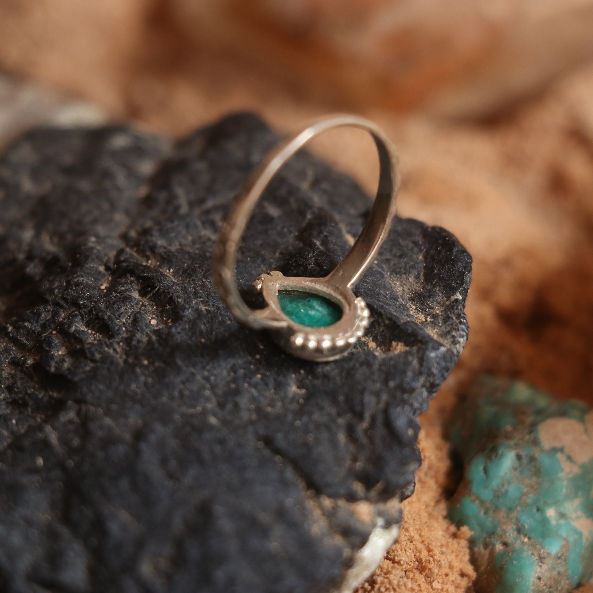 Silver Ring Studded With Teardrop Indian Emerald