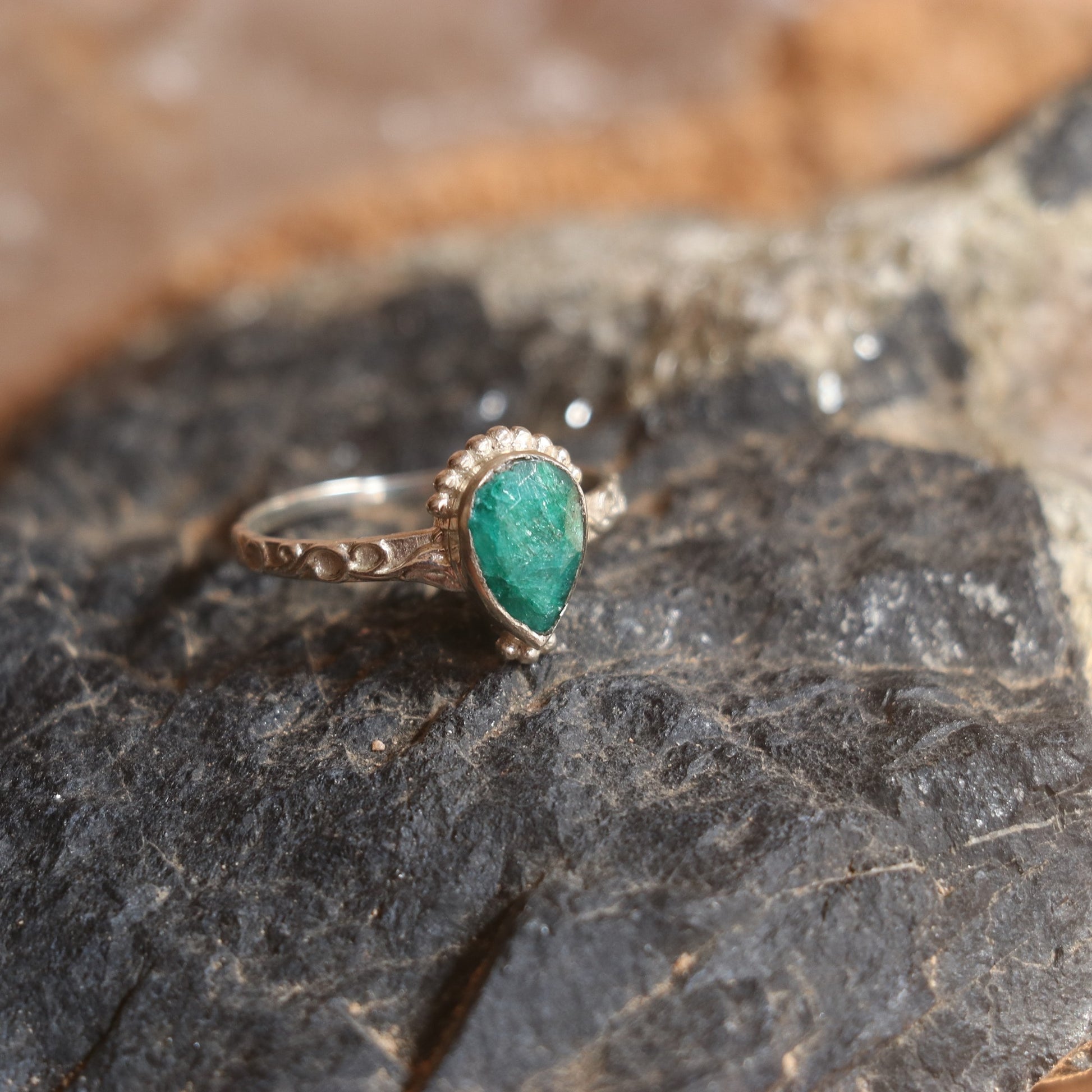 Silver Ring Studded With Teardrop Indian Emerald