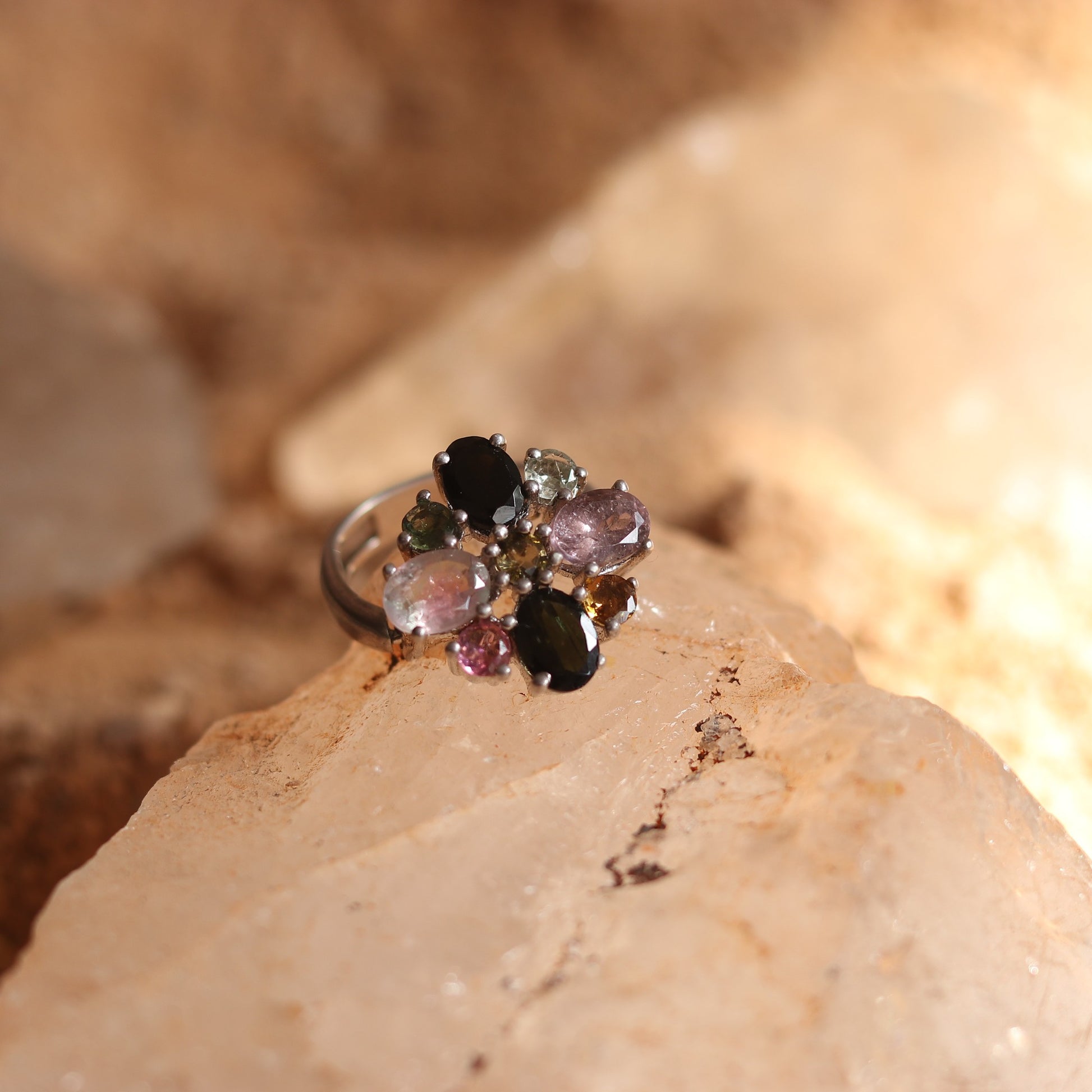 Silver Ring with Multicolored Tourmaline Designed in a Unique Foldable Mechanism